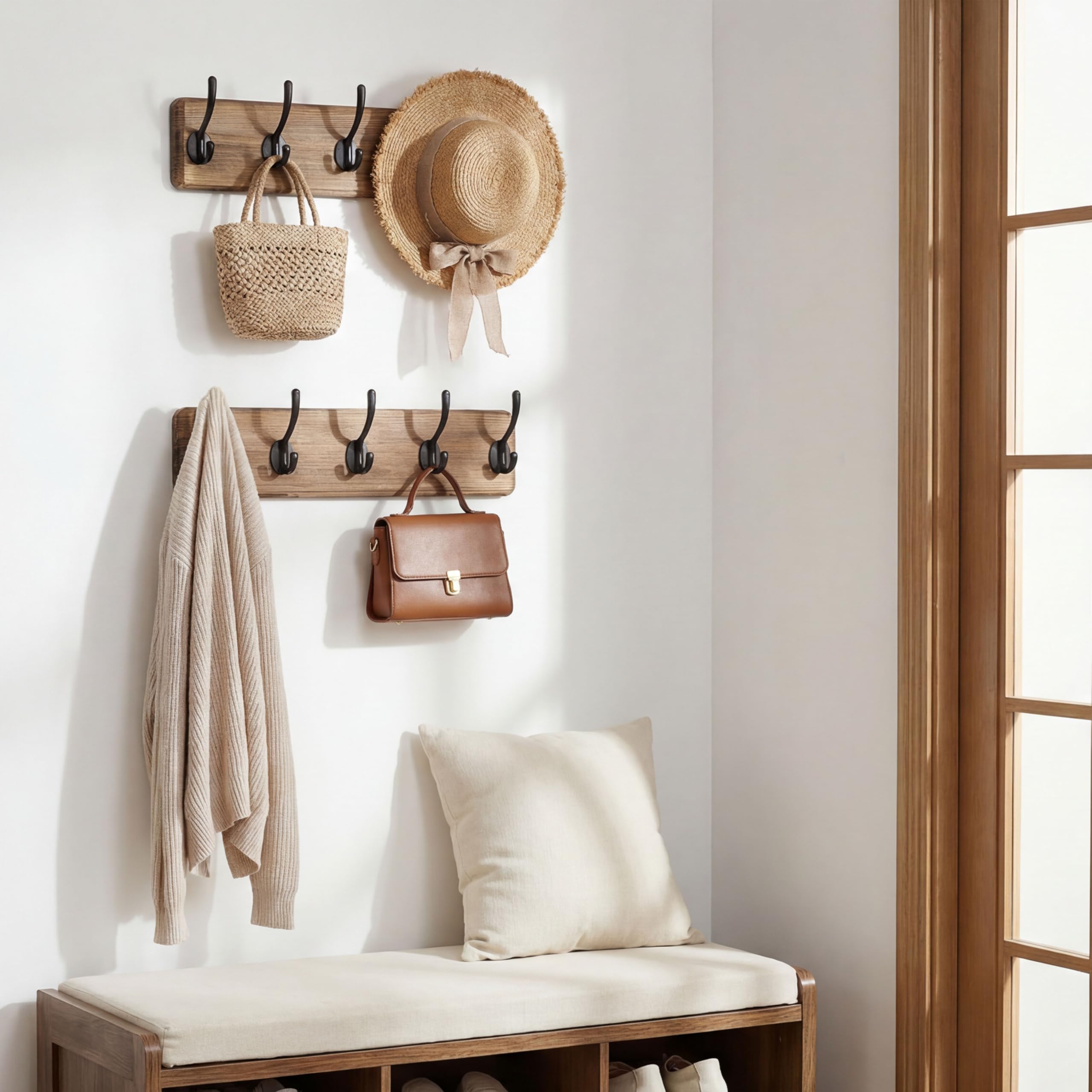 WEBI Appendiabiti da Parete,Attaccapanni da Muro con 5 Ganci,Appendiabiti da Muro Legno,Appendino da Muro,Attaccapanni da Parete per Ingresso Cappotto,Vestiti,Marrone Rustico,2 Pezzi