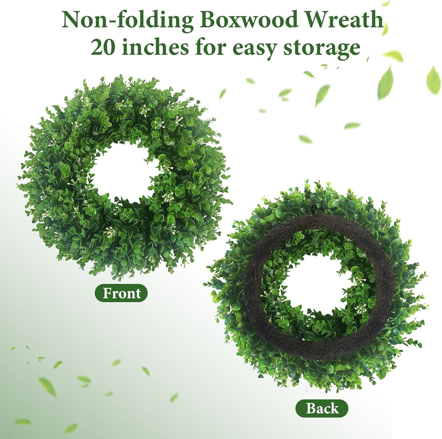 20'' Boxwood Wreaths for Front Door, UV Resistant Leaves & White Flower Buds, Artificial Green Spring Wreath with a Sash for Farmhouse Wedding Outdoor Indoor Summer St Patricks Day Decor - Image 5