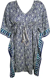 Mogul Interior Womens Beach Kaftan Dress Boho Casual Blue Printed Short Caftan OneSize