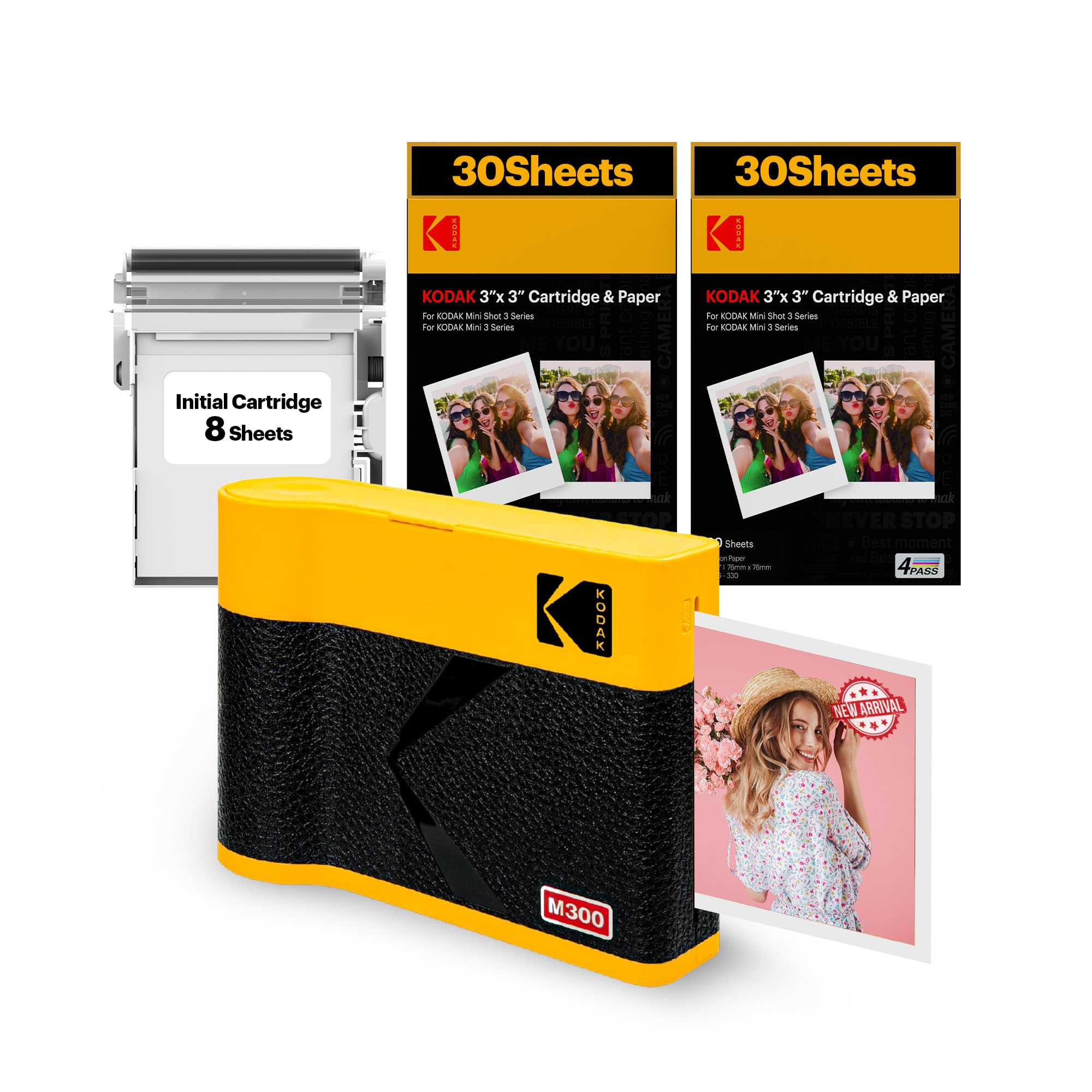 KODAK Mini 3 ERA 4PASS Portable Photo Printer (Yellow, Printer + Initial 8 Sheets + 60 Sheets)