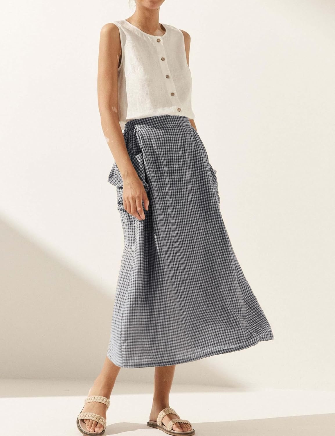 MISSACTIVER Plaid Skirts for Women Elastic Waist Midi Skirt with Pockets Vintage Flowy Gingham Long Skirt - Image 5