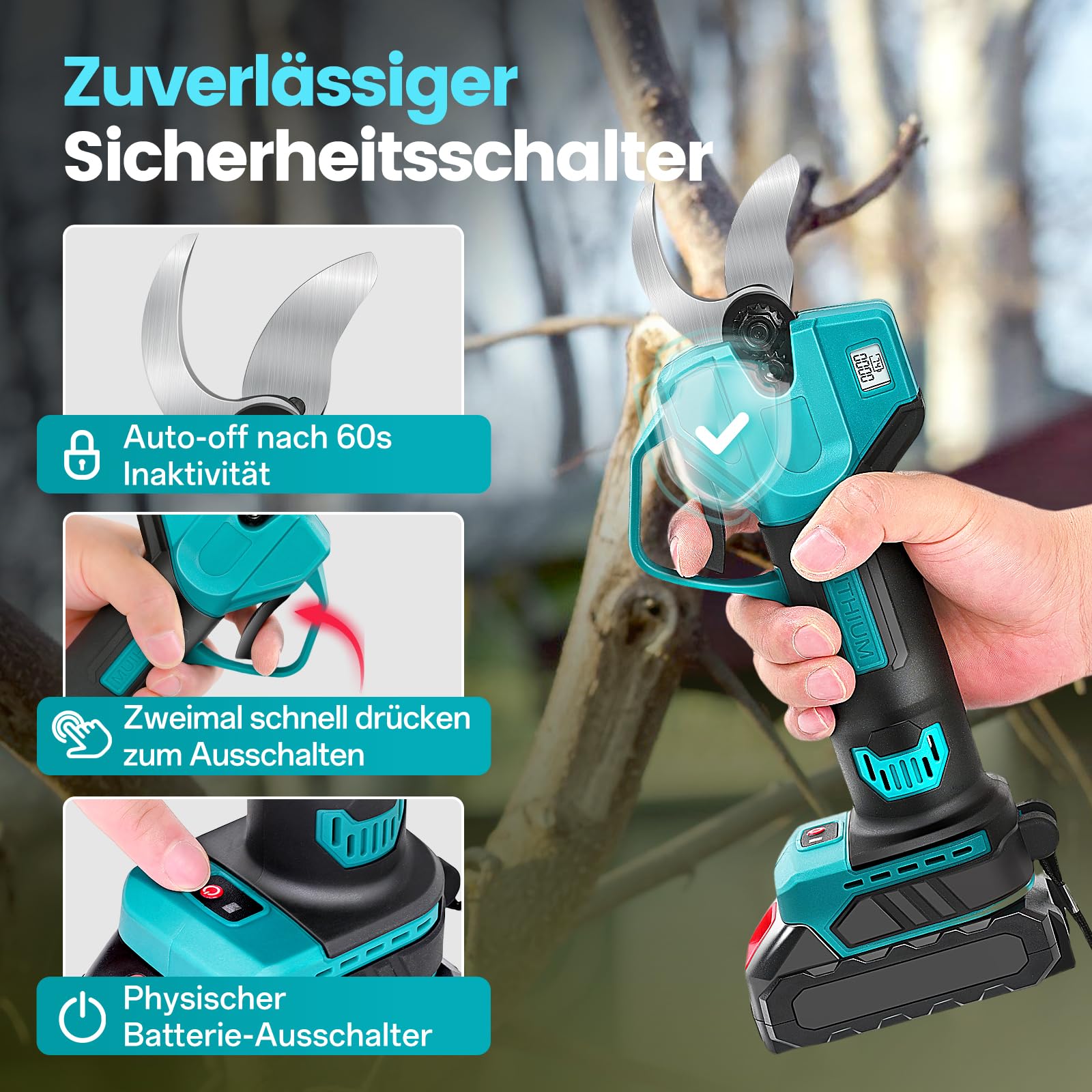 Tijeras de podar con batería de 21 V, tijeras de podar eléctricas compatibles con Makita, 2 baterías de 1500 mAh, diámetro de corte máximo de 30 mm, 2 cuchillas móviles, interruptor de fusible