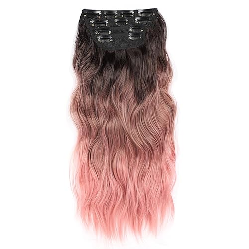 Miniatura 5 de Extensiones de cabello sintético ondulado con clip, de 20 pulgadas de grosor, extensiones de cabello rosa con clip de doble trama para mujer (20