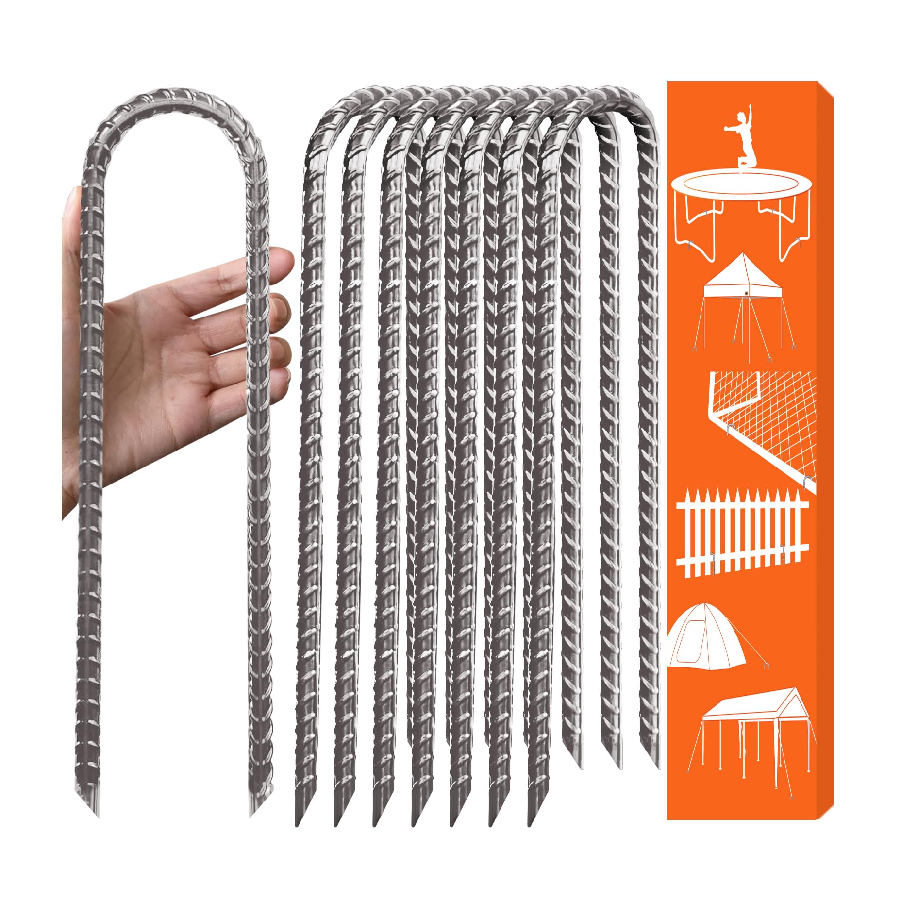 Eurmax USA 8-Pack U-Shape Ground Stakes,Rust-Proof Galvanized Steel Ground Anchors,Commercial Trampoline Stakes for High Winds,Secure Anti-Flip Tie Down for Soccer Goals,Swing Sets,Fences&amp;Playsets