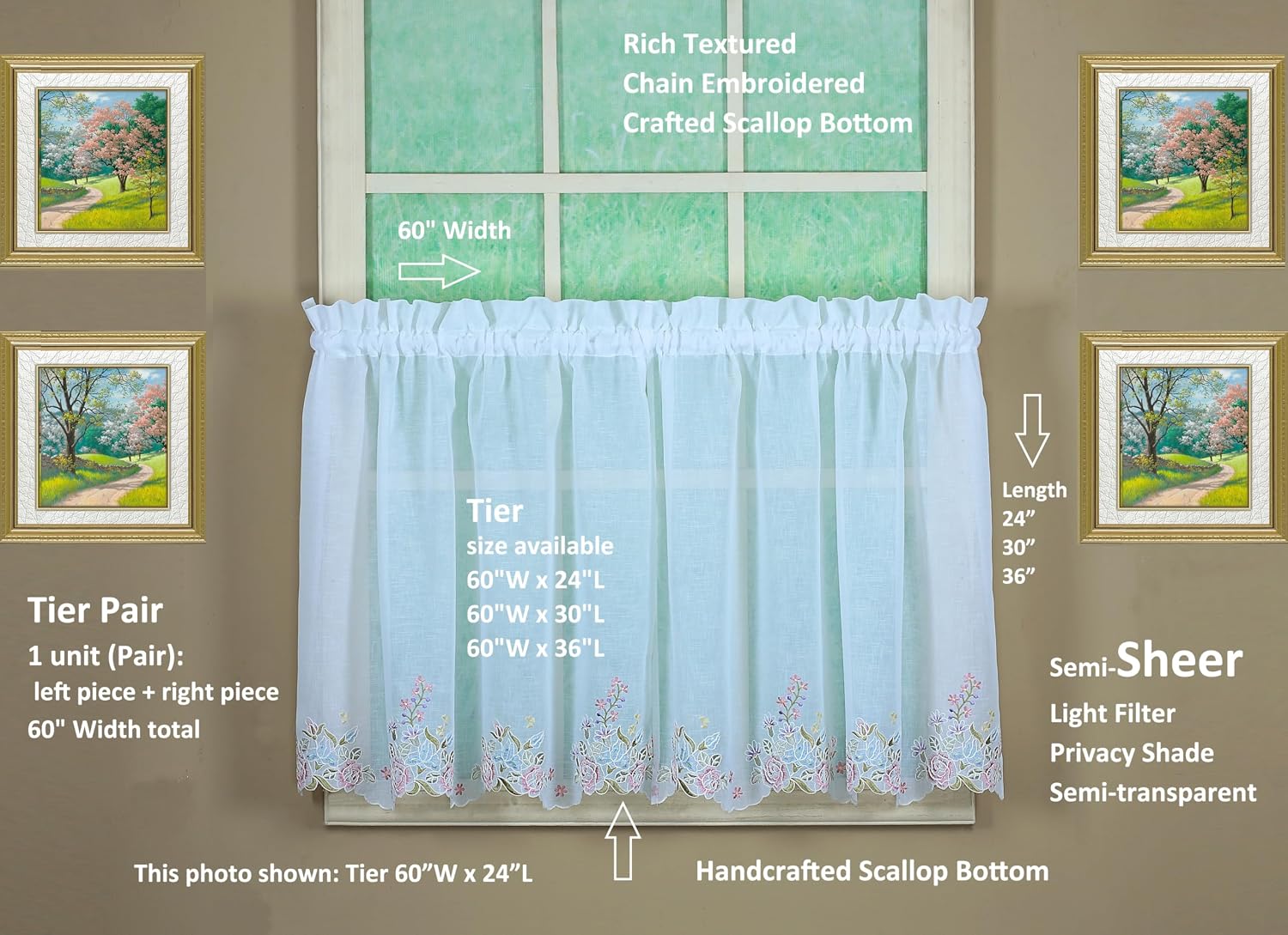 Today's Curtain, AMZ Isabella Embroidered Semi Sheer Tier 30", White/Rose, 60" W x 30" L