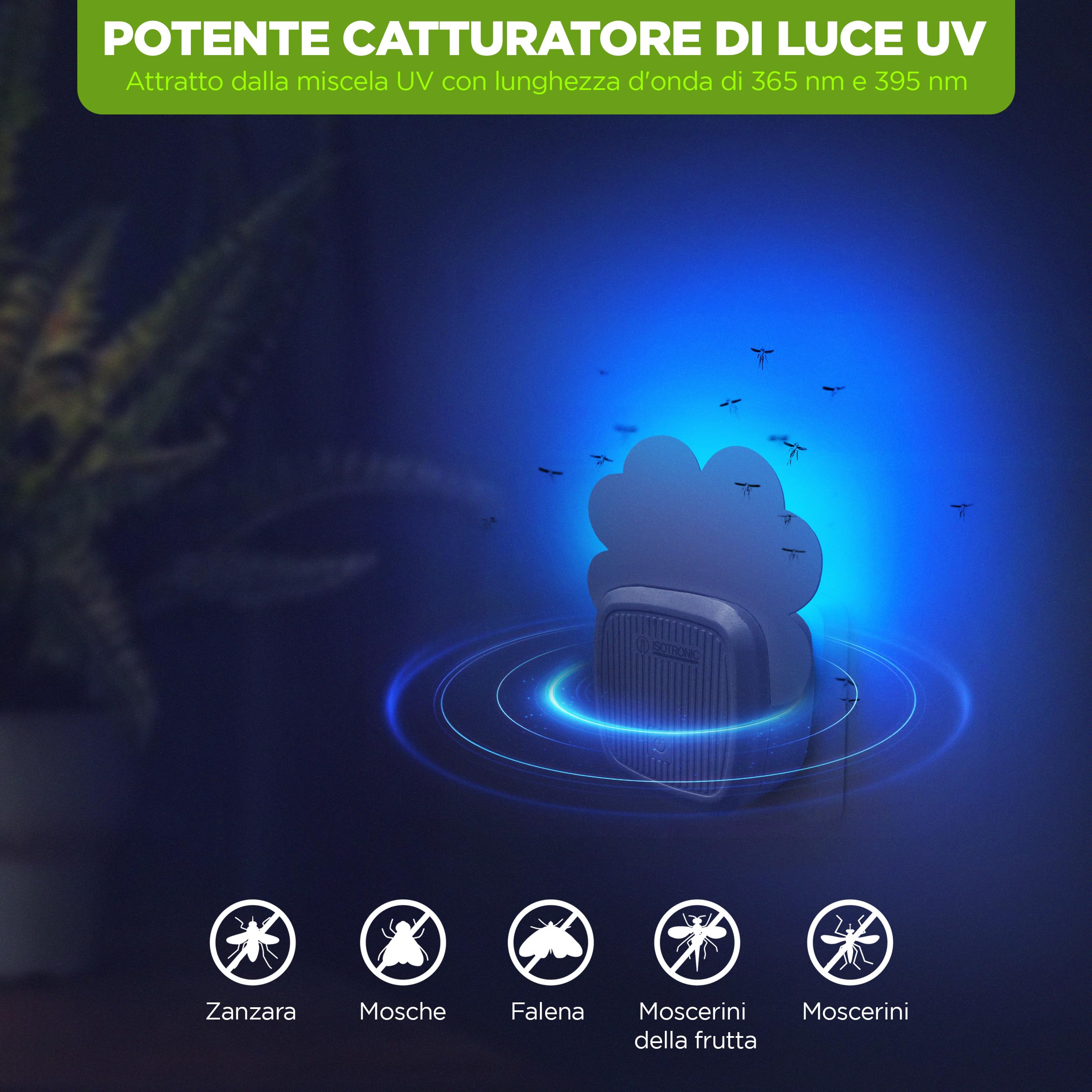 ISOTRONIC antizanzare presa elettrica mosche falene protezione luce UV pellicole adesive silenzioso interno trappola raggio 20m² 4 pezzo efficace casa camera difesa senza veleno stop insetti volo
