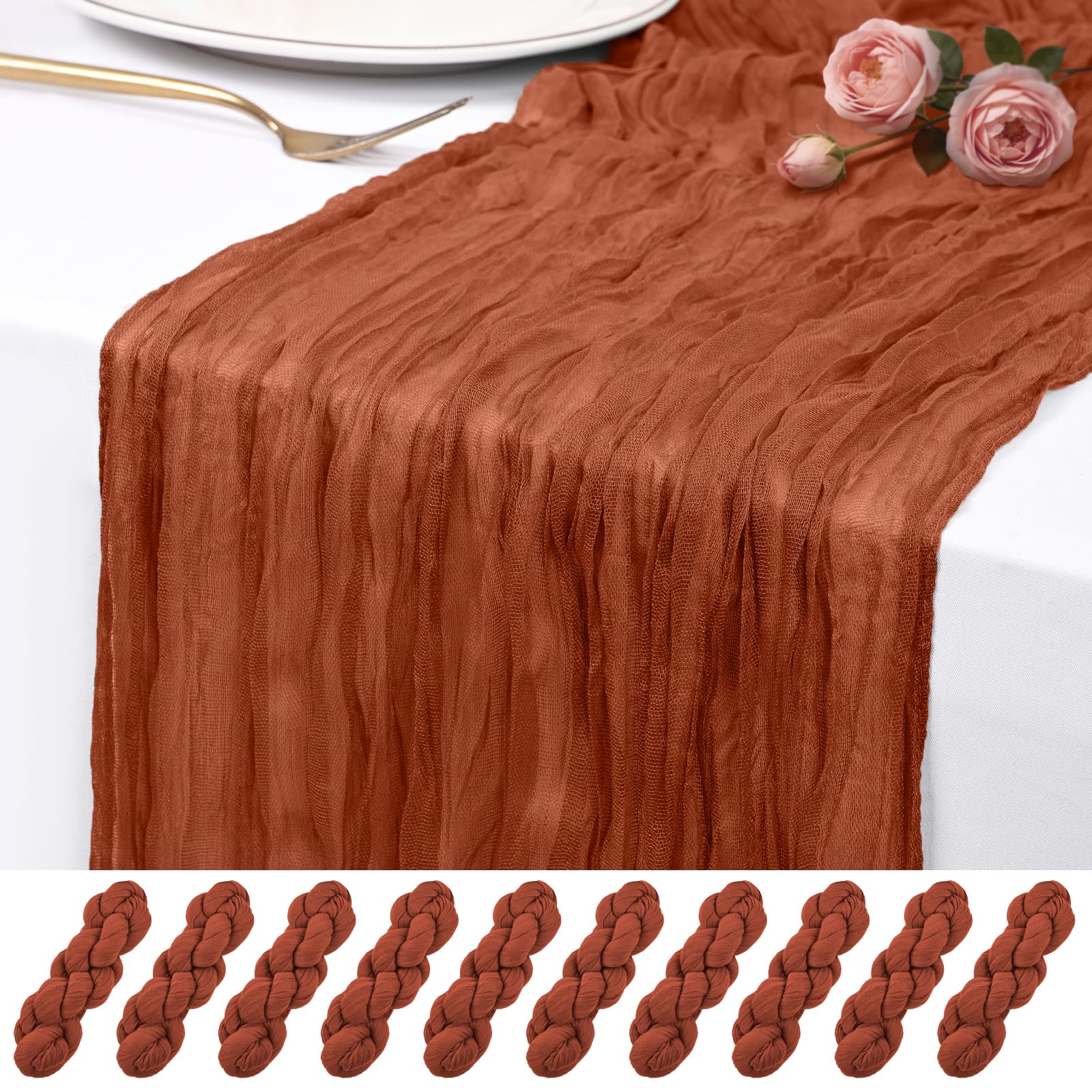 Photo 1 of 10 Pack Terracotta Cheesecloth Table Runner 17x108 Inch Semi Sheer Boho Rustic Gauze Cheese Cloth Table Runners for Wedding Party Birthday Baby Shower Home Décor