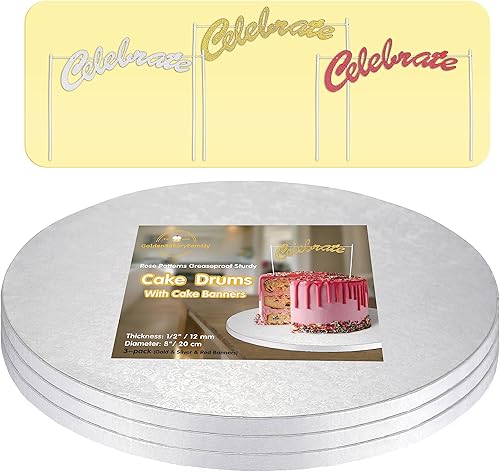 Tambores para tartas de 14 pulgadas con pancarta, tablero redondo blanco de 12 pulgadas de grosor, resistentes a la grasa para cumpleaños, bodas,