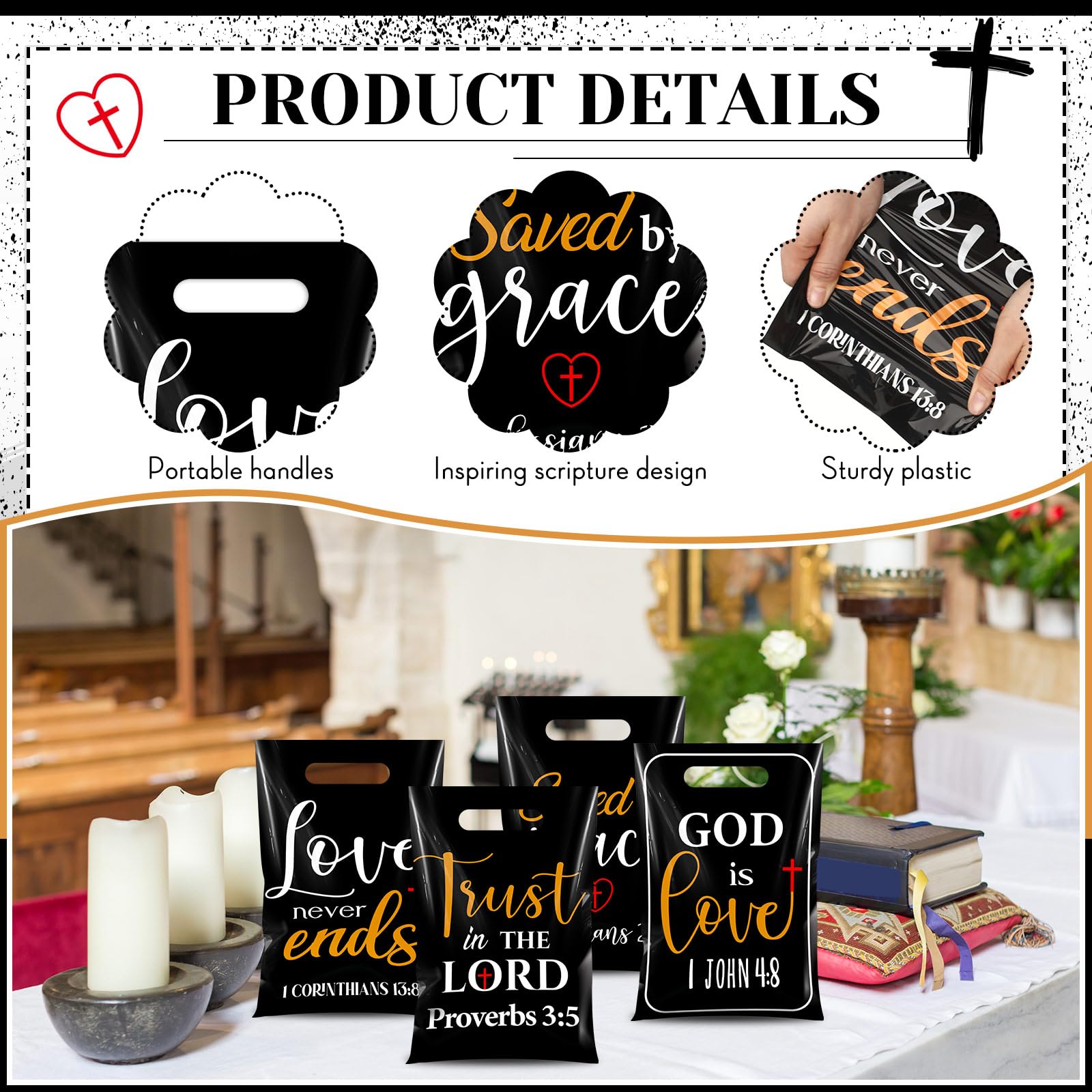 Pasimy 100 Pcs Christian Gift Bags Bulk 6.7 x 9.8 In Plastic Bible Verse Religious Goodie Bags Inspirational Scripture Treat Candy Party Favor Pouch for Church Jesus Birthday Gifts(Black,Elegant)
