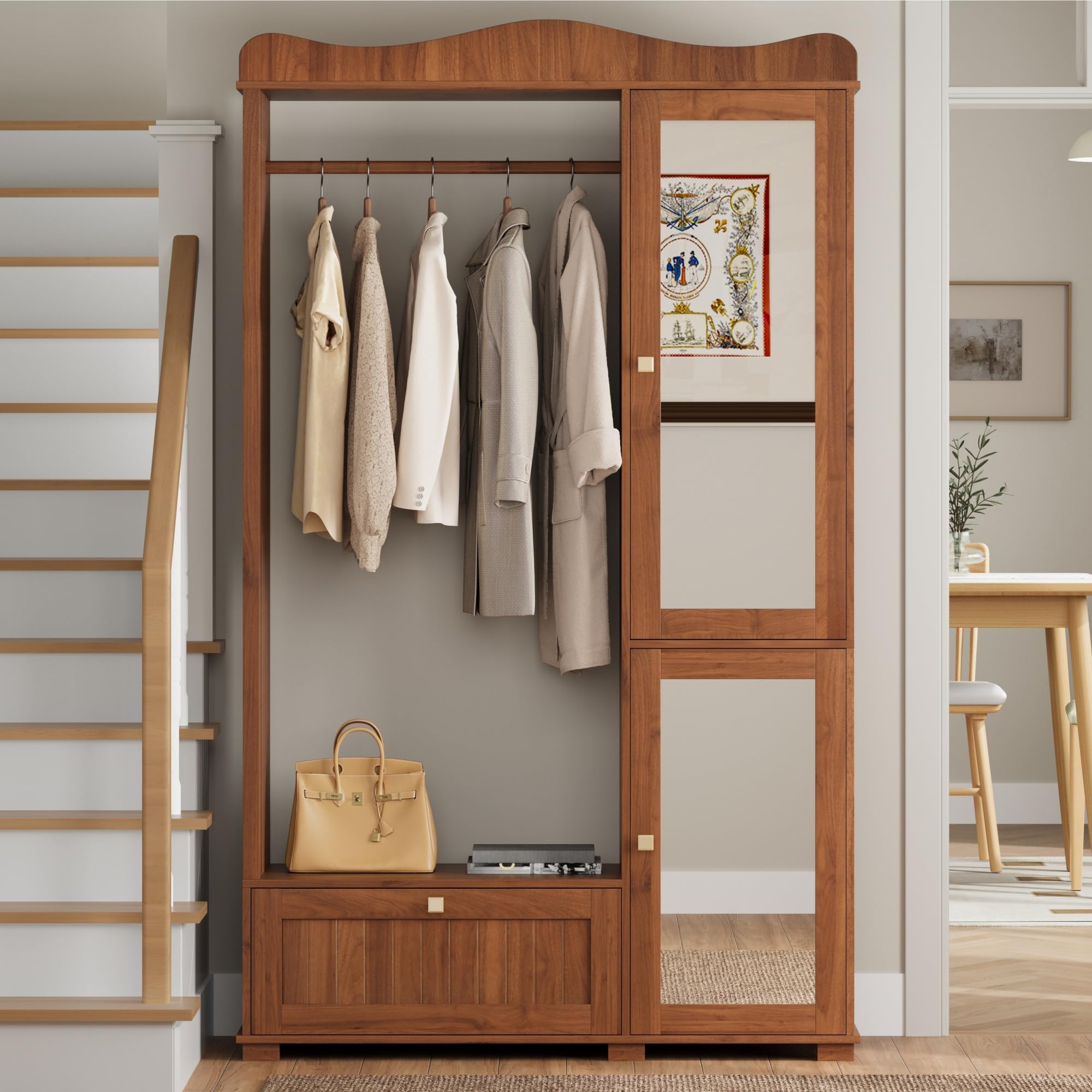 Conjunto de Armario/Perchero Recibidores de Entrada con Espejo, Juego de Mueble Recibidor con Barras para Colgar Ropa y Cajones, Armario Entrada, 115.5x38.5x194.5 cm, Color Nogal