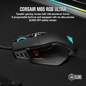 Corsair M65 RGB Ultra Tunable FPS Gaming Mouse Marksman 26,000 DPI Optical Sensor, Optical Switches, AXON Hyper-Processing Technology, Sensor Fusion Control, Tunable Weight System - Black
