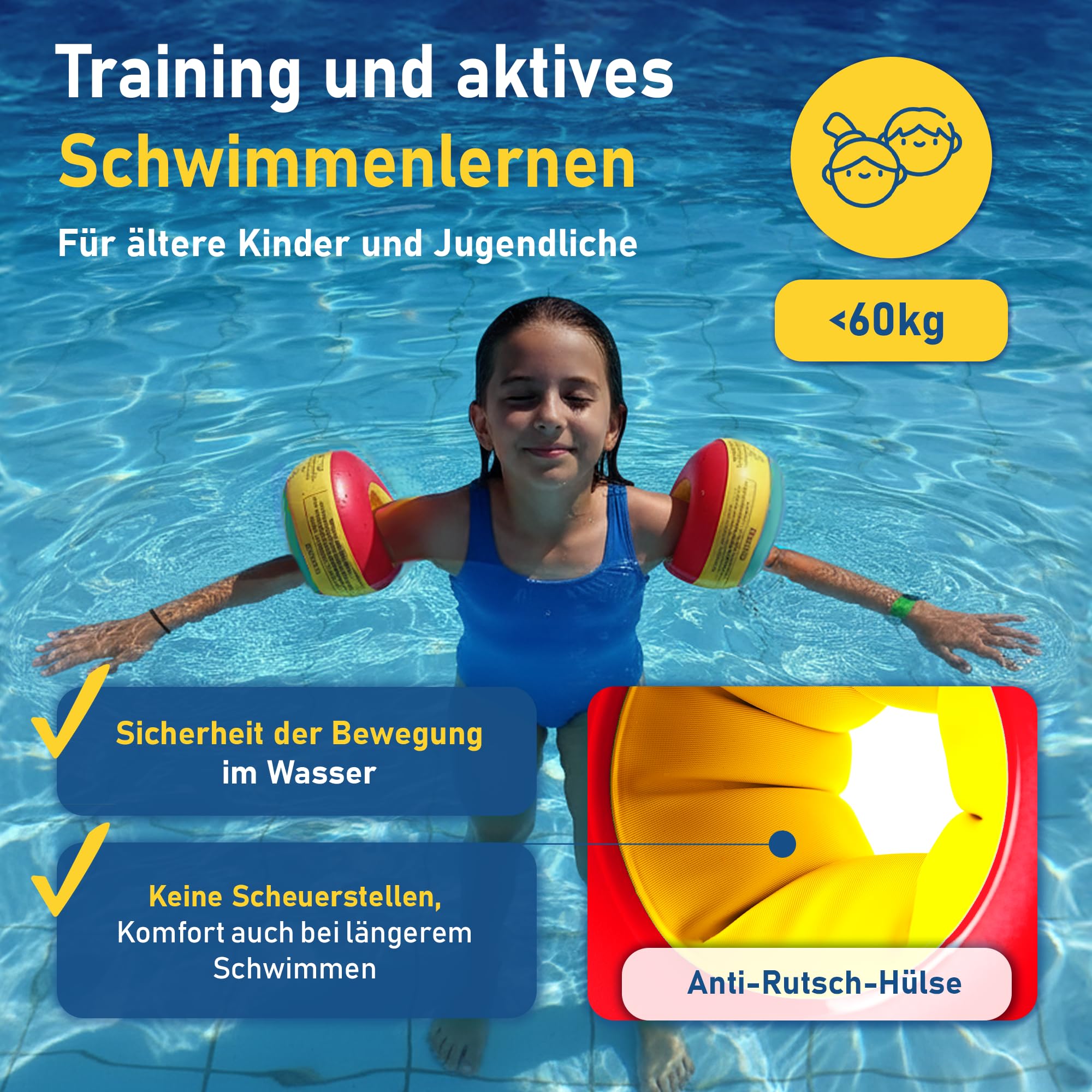 Cherek’s KraulQuappen Schwimmflügel für Jugendliche & ältere Kinder - Schwimmhilfe für Fortgeschrittene bis 60 kg - Große Armöffnung - Auftriebshilfe zum Schwimmenlernen