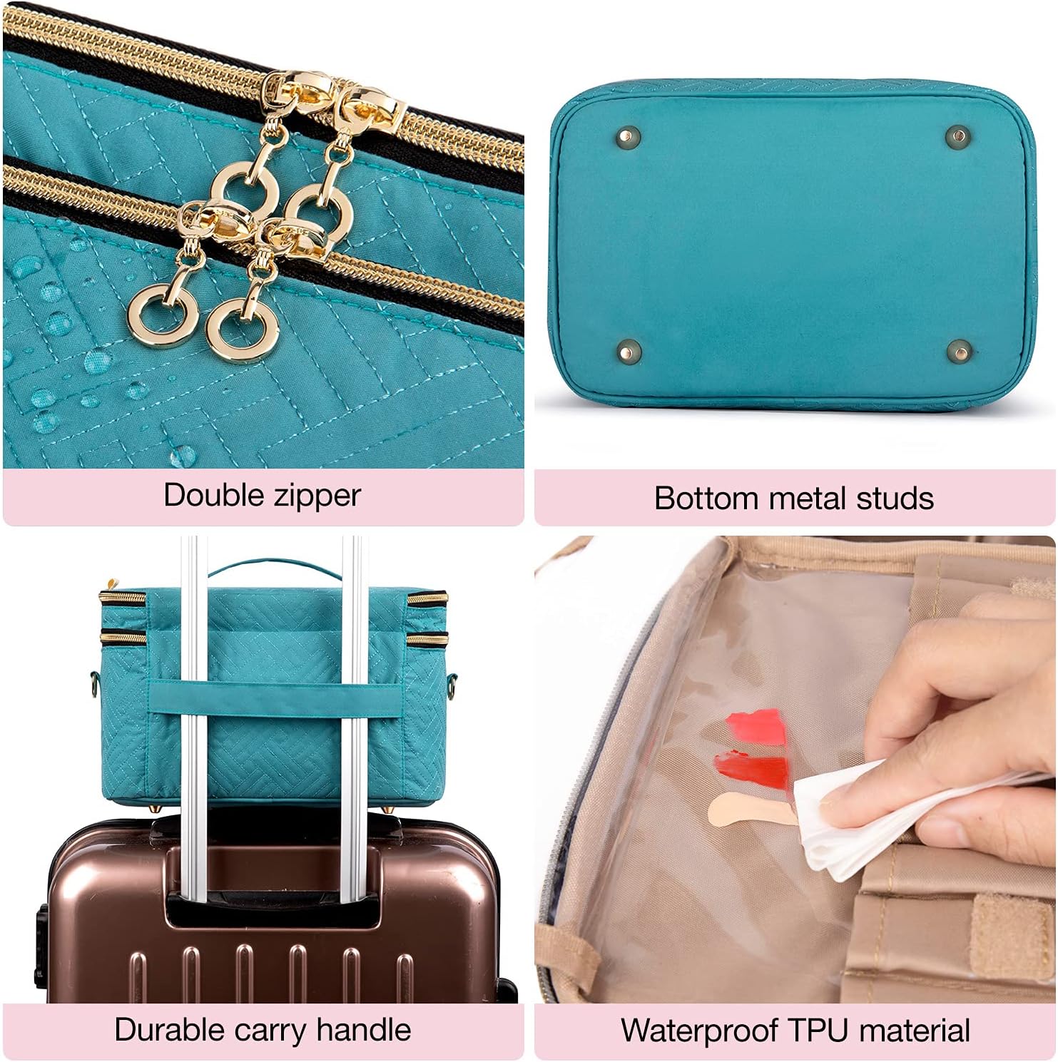 BAGSMART Large Makeup Bag, Double-Layer Makeup Case with Shoulder Strap Cosmetic Organizer Bag Train Case for Makeup Brushes Palettes Sponge Toiletries,Teal