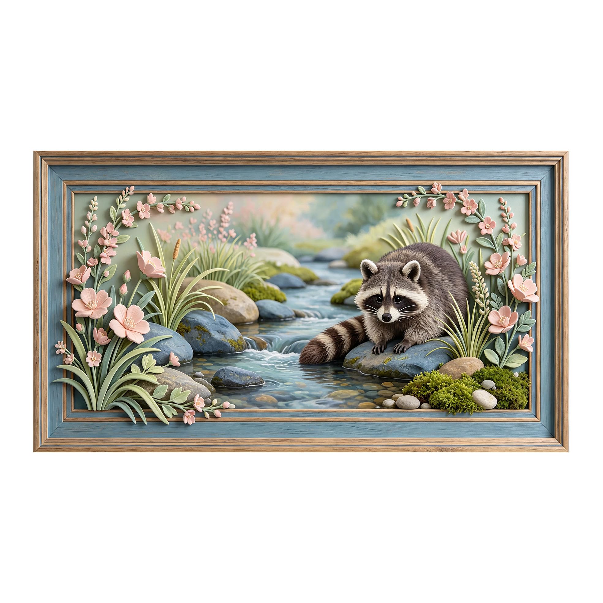 Yzpallescene 3D 3D Framed Wall Art 50cm×90cm Raccoon River Landscape Pastoral Style Large Size SelfAdhesive Removable Wall Decor Prints Artwork for Living Room Bedroom Office