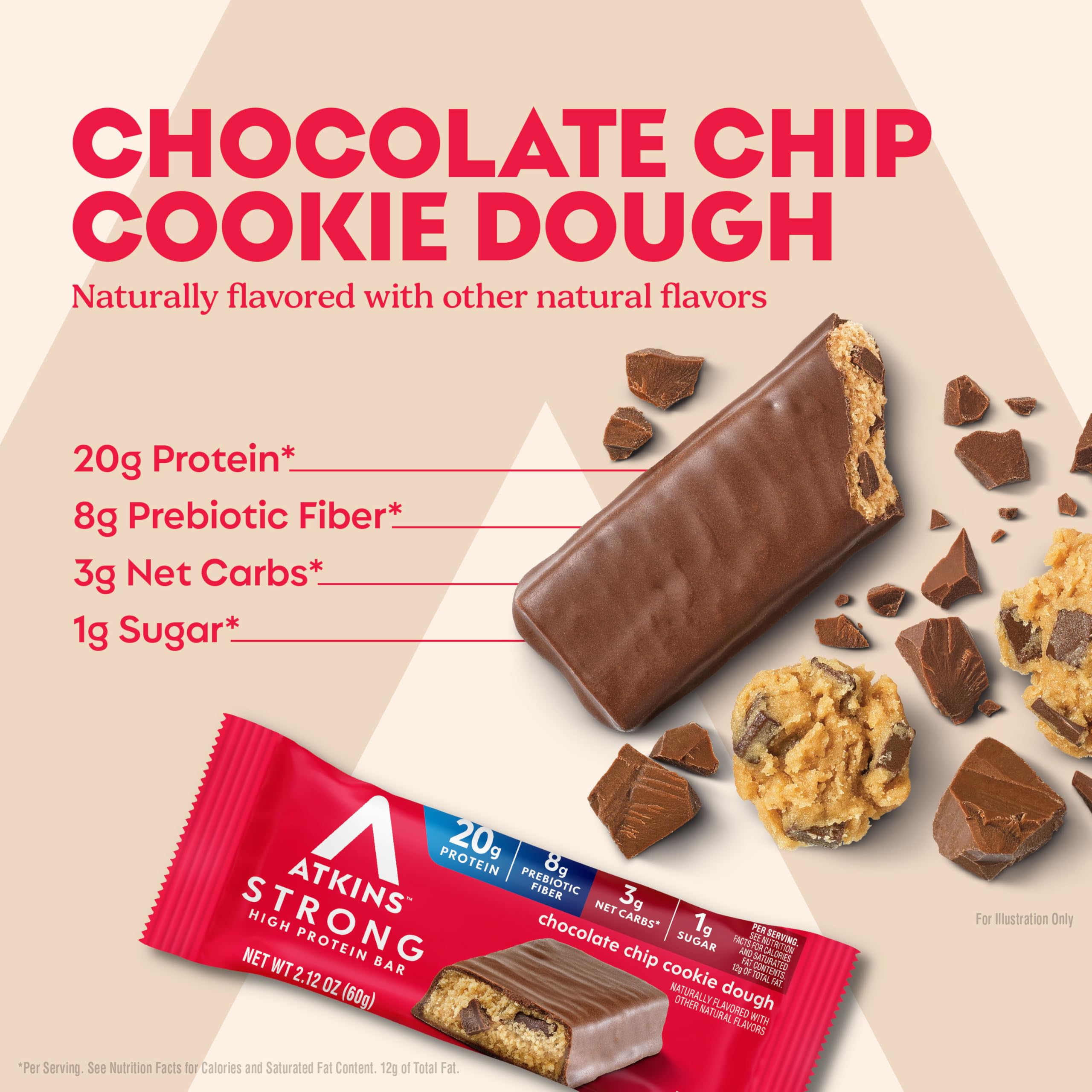 Atkins Strong Barras de proteínas, masa de galletas con chispas de chocolate, alta fibra, bajas en carbohidratos netos, 4 unidades (paquete de 6)