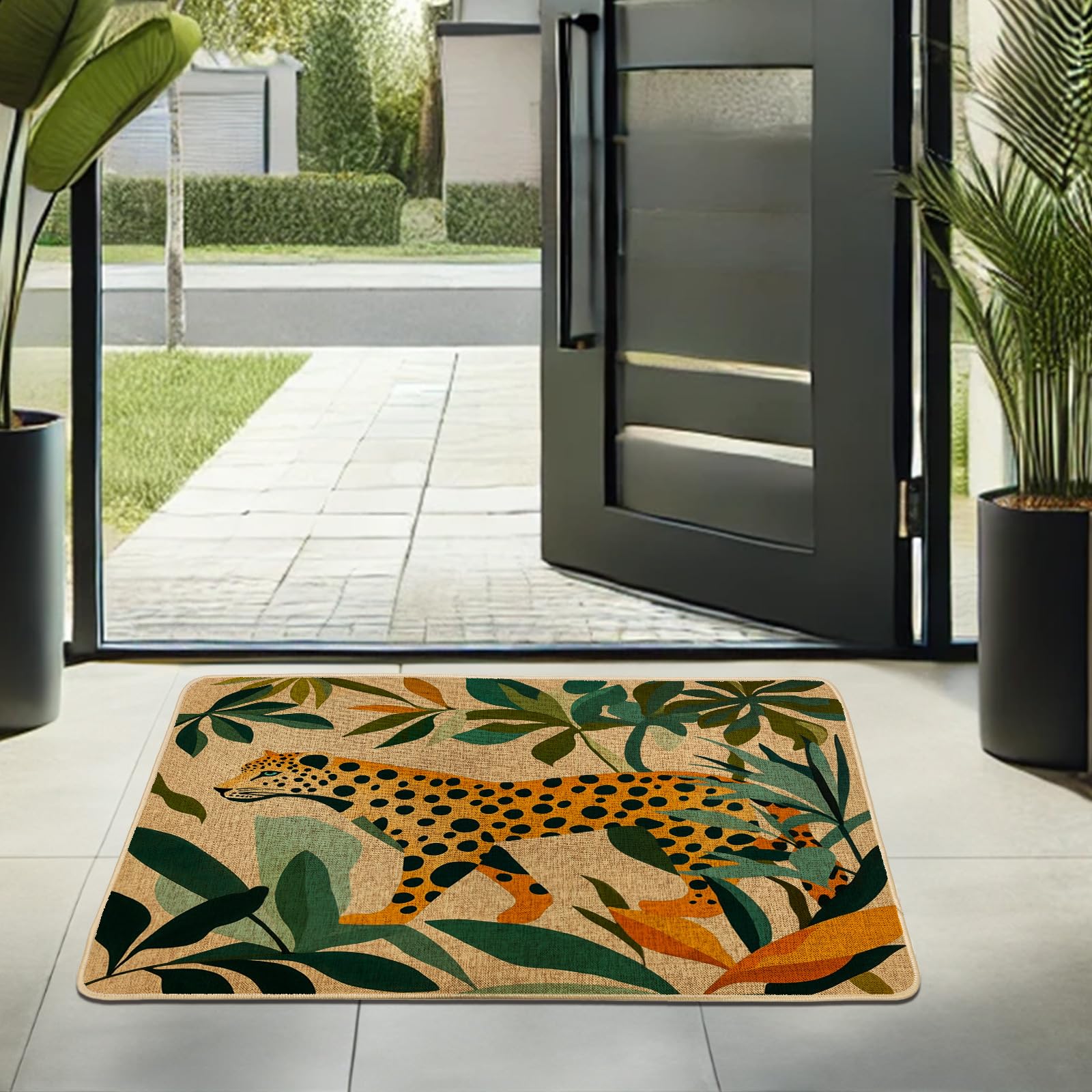 Jungle Leopard Doormat, Multicolor Animal Door Mat for Outdoor & Indoor Entrance Tropical Decor, Rubber Waterproof Non-Slip Dust Absorbent Front