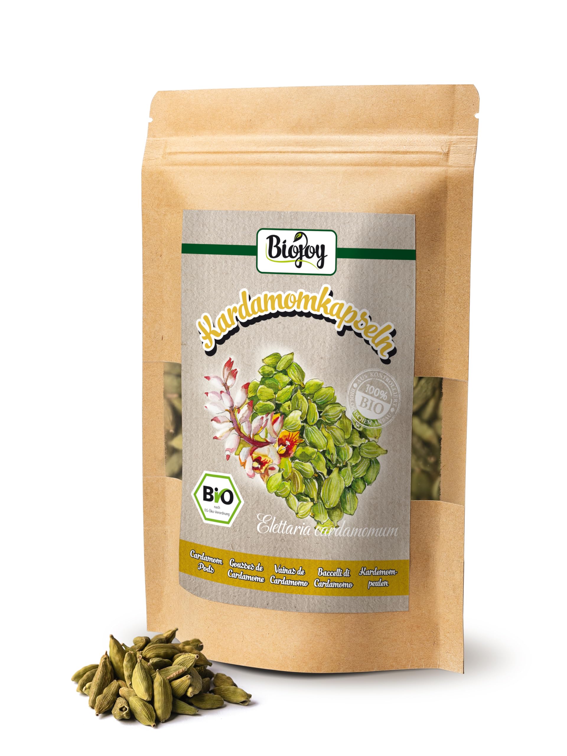 Biojoy Baccelli di Cardamomo BIO (100 g), Cardamomo intero e verde (Elettaria cardamomum)