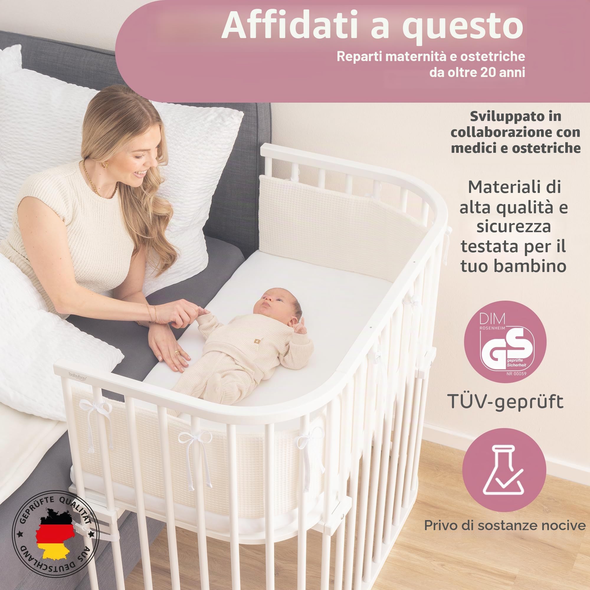 babybay Boxspring XXL letto laterale in legno massello di faggio I altezza del lettino Lettino I infinitamente regolabile ed ecologico che cresce con il bambino, laccato bianco