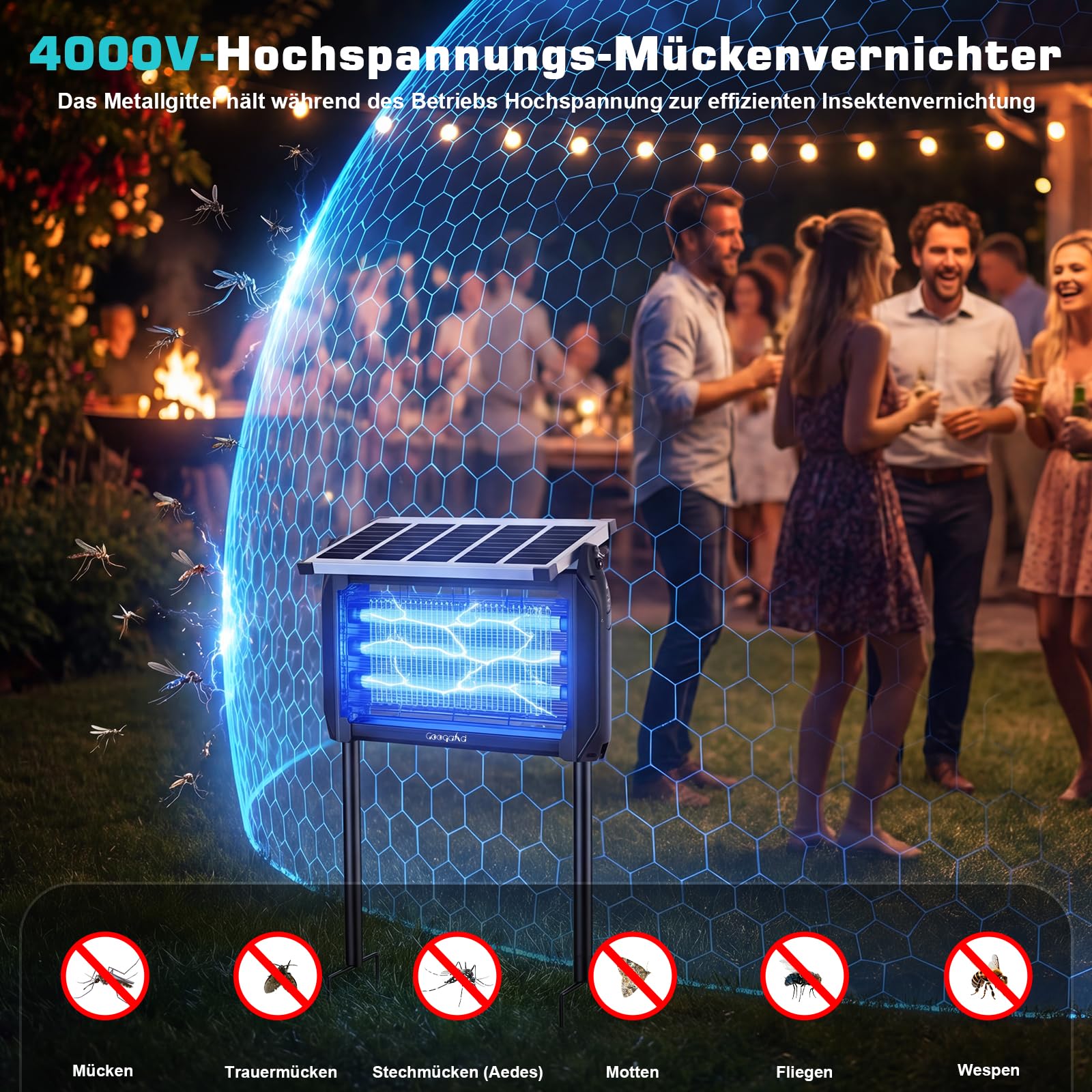 Insektenvernichter Solar für Außen, Insektenvernichter Elektrisch mit 4000mAh Akku, IPX5 Wasserdicht Moskitoschutz Mückenfalle, Kabellose Mückenlampe mit Erdspieß für Garten, Terrasse, Camping