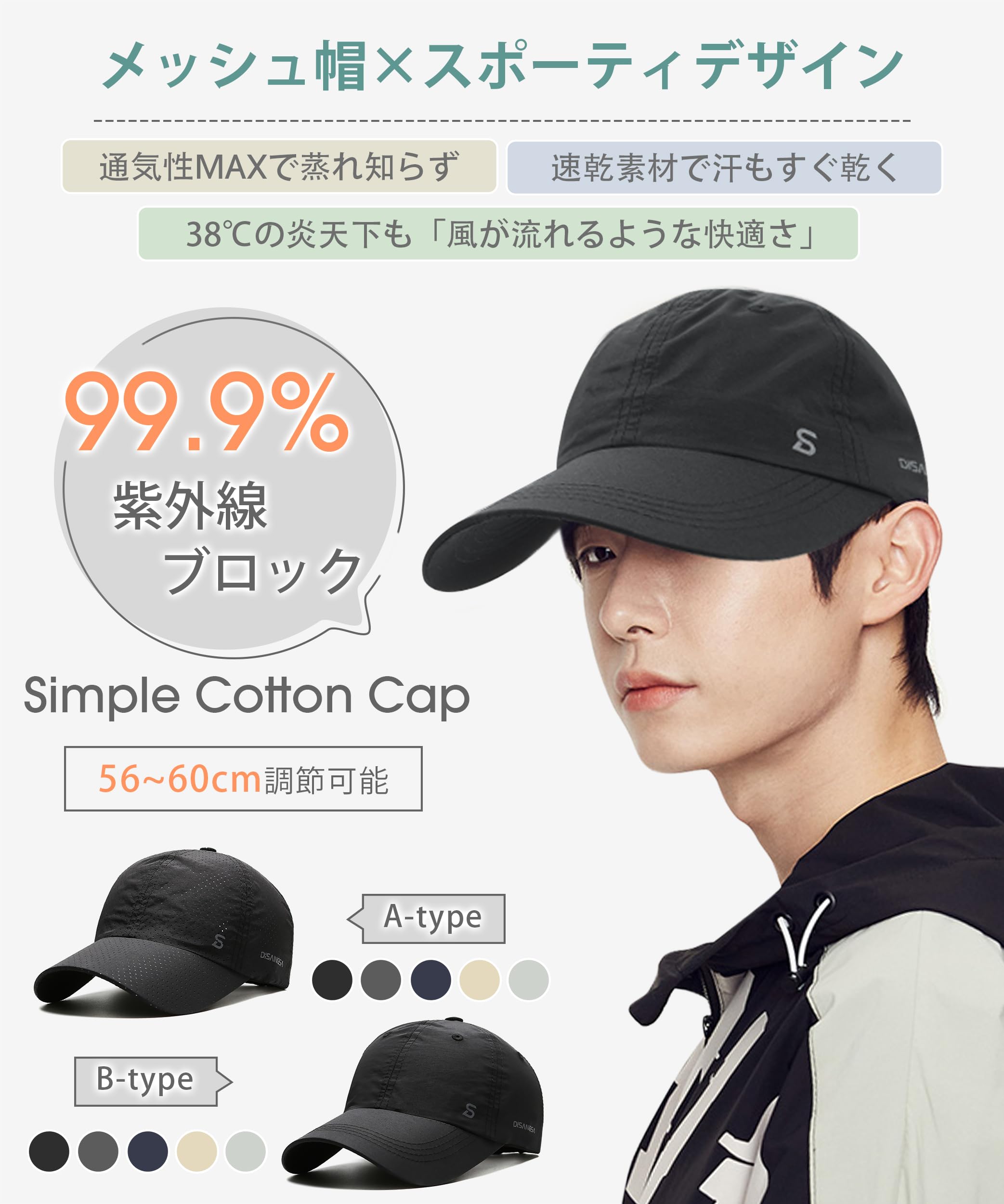 [MOWO] 【紫外線遮蔽率99.9％以上を実証】ランニング キャップ メンズ メッシュキャップ 大きいサイズ 帽子 UVカット 日焼け防止 夏 日除け 通気性 速乾 男女兼用 調整可能 ランニング ゴルフ 釣り スボーツ - 2