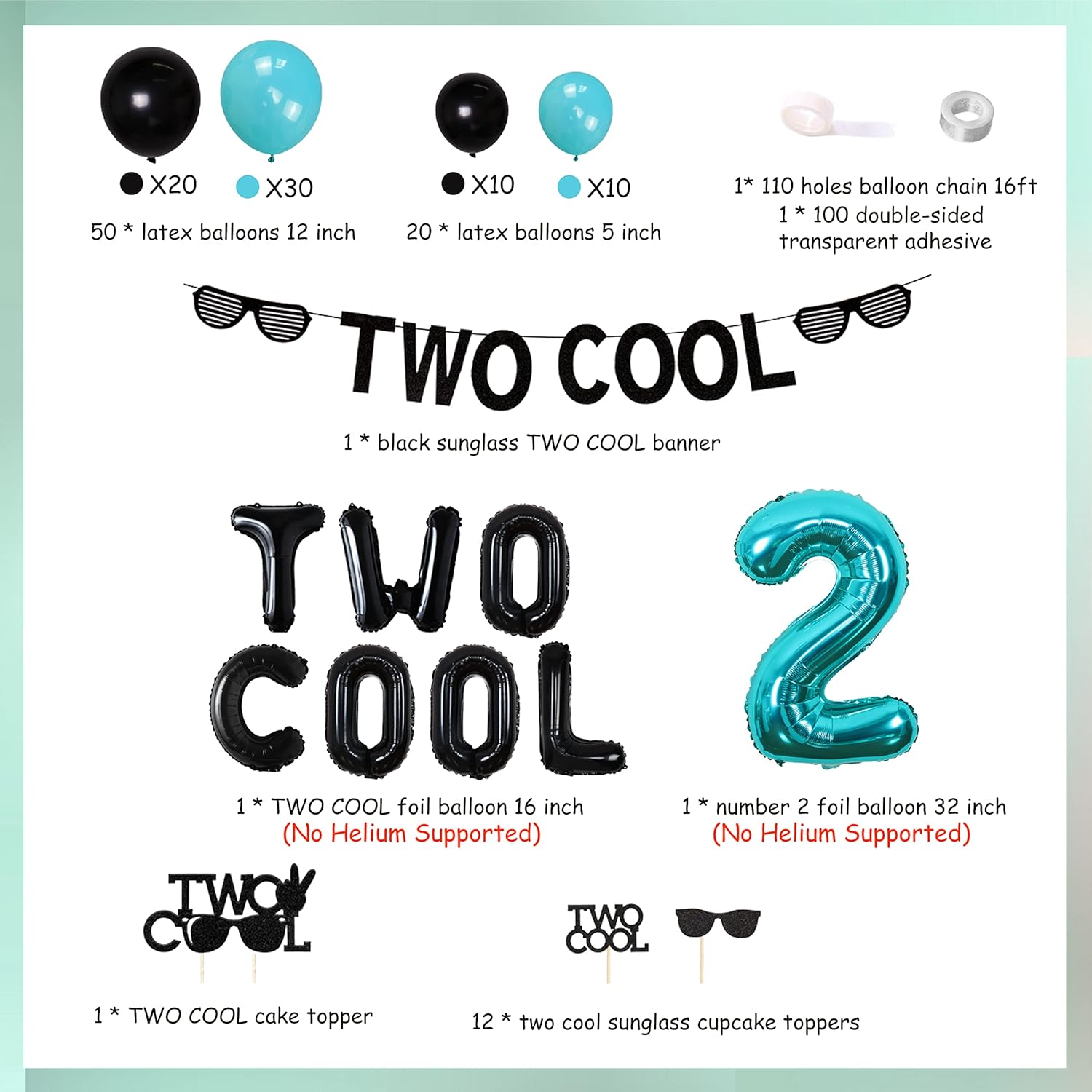 Two Cool Birthday Decorations for Boys Two Cool Sunglasses Banner Teal and Black Balloon Arch Kit 2nd Cake and Cupcake Toppers for Little Man 2 Years Old Birthday Party - Image 6
