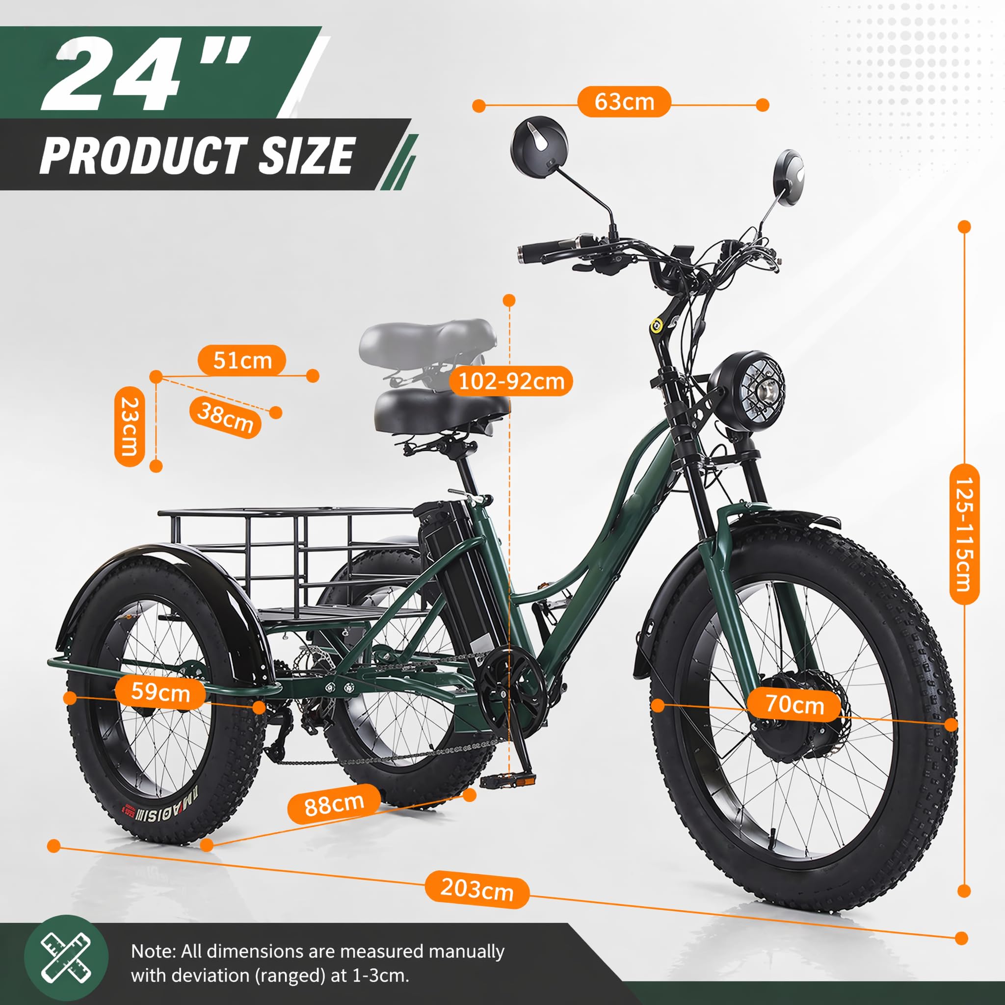3 Rad Elektrofahrrad Erwachsene 24 Zoll Fettreifen 7 Gang Motorisiertes Dreirad mit Heckkorb Lange Strecke E-Trike Senior Herren Damen Pendler Einkaufen Outdoor Freizeit Nutzung Green