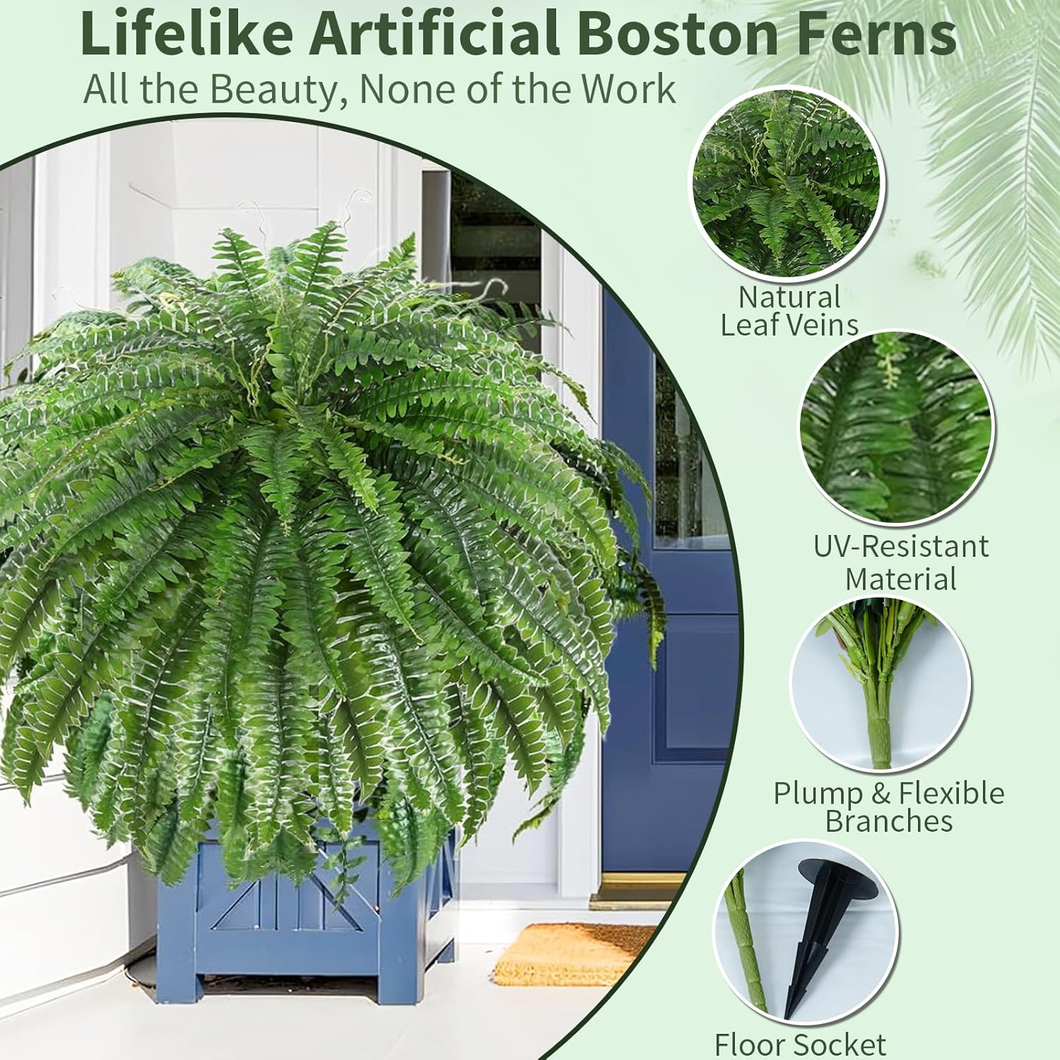 60" Artificial Ferns, Realistic Outdoor Faux Plants, 2 Pcs Fake Ferns for Outdoors Large with 96 Fronds & Ground Spike Fake Plants for Porch Garden Home Office Decor