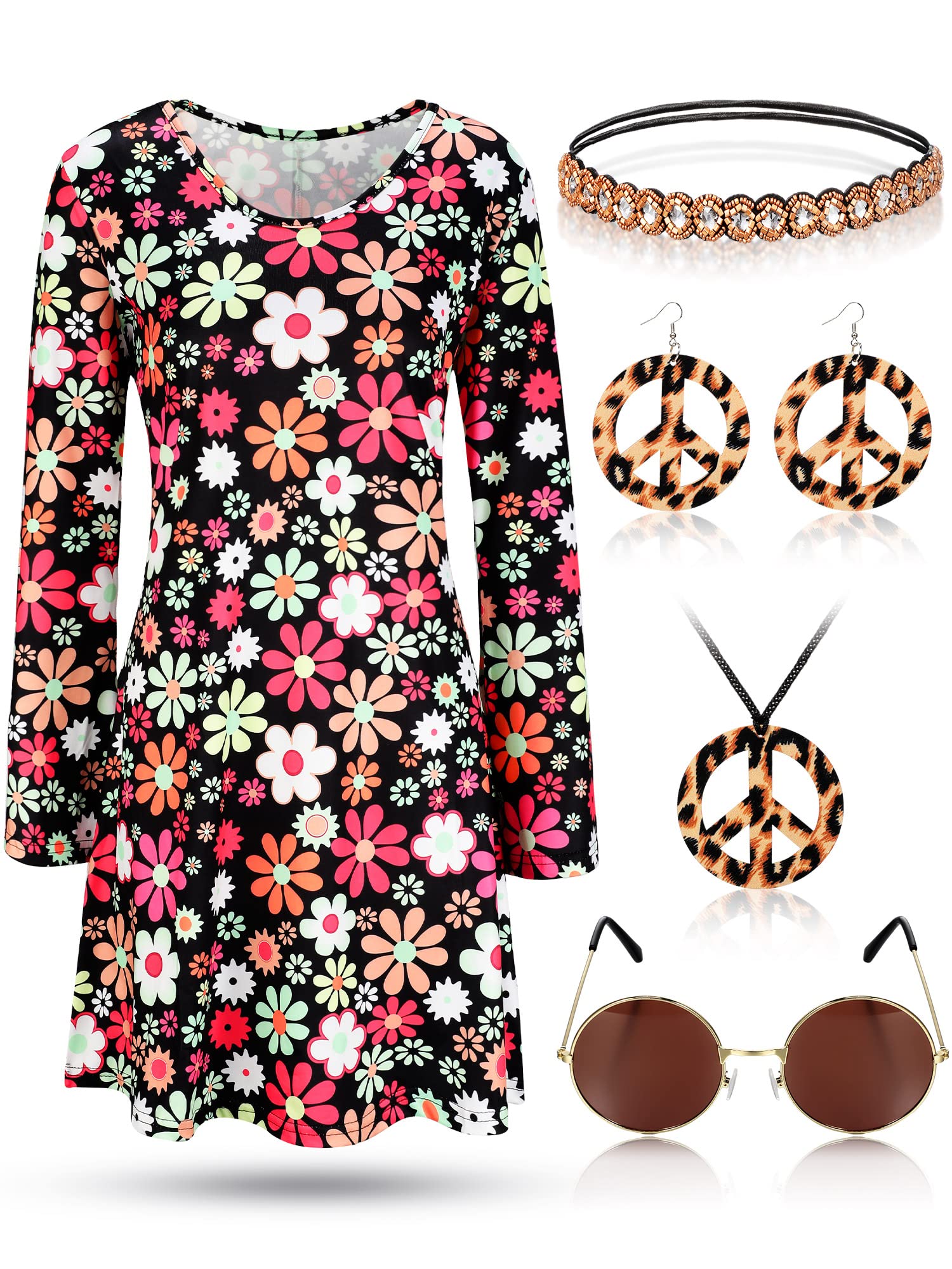 Janmercy5 Pcs 60s 70s Costume for Women Halloween Hippie Disco Dress Retro Sunglasses Peace Sign Necklace Earrings Headband