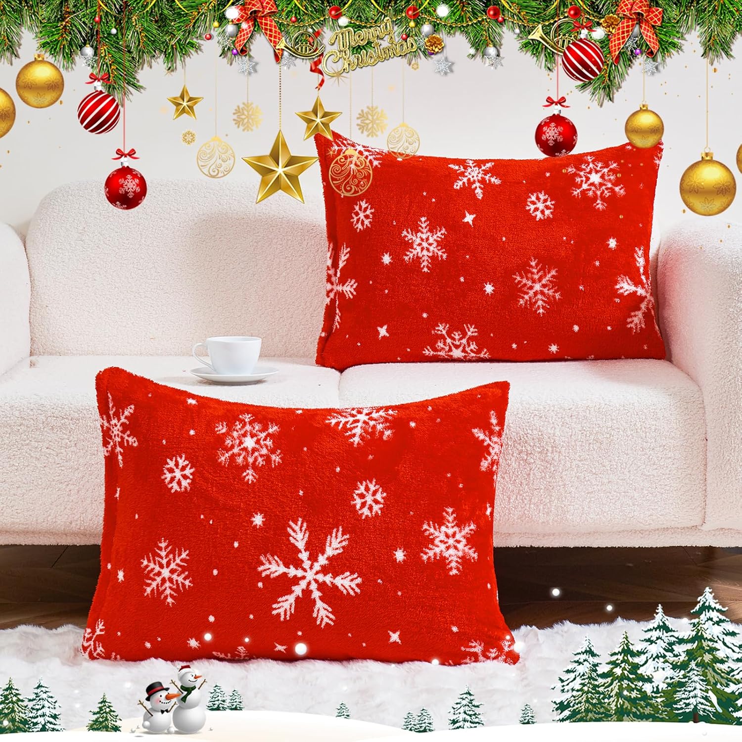 YIYEA Christmas Faux Fur Pillow Cases Standard Size Set of 2, Luxury Ultra Soft Fuzzy Pillowcases, Fluffy Plush Velvet Pillow Covers with Zipper, Cozy Warmth and No Shedding, 20 x 26