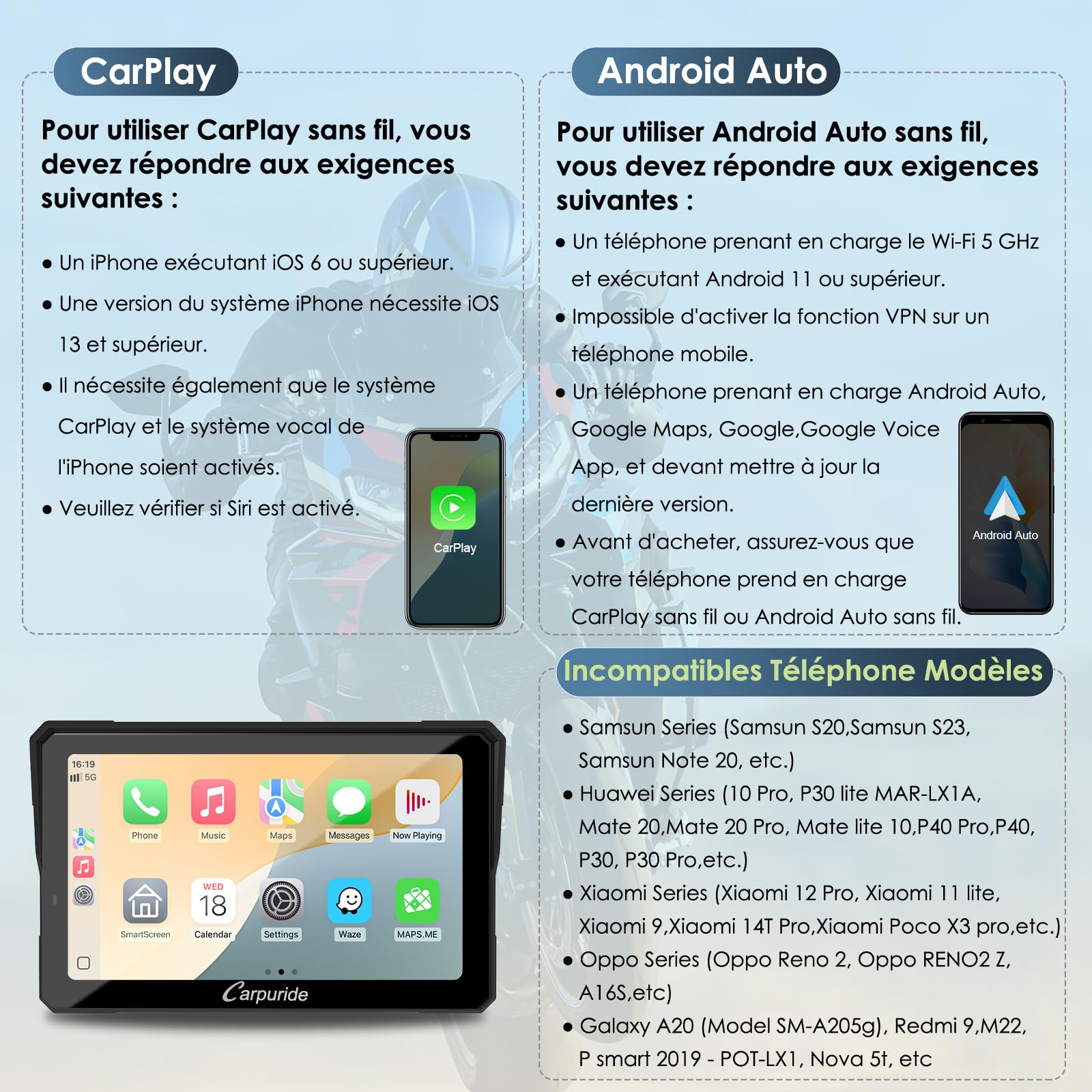 Carpuride W702T Pro Moto Carplay Écran avec TPMS Système, sans Fil Carplay et Android Auto, Portable 7" Étanche Tactile Écran, Double Bluetooth, Interphone Fonction, Navigation, Boussole, Baromètre.