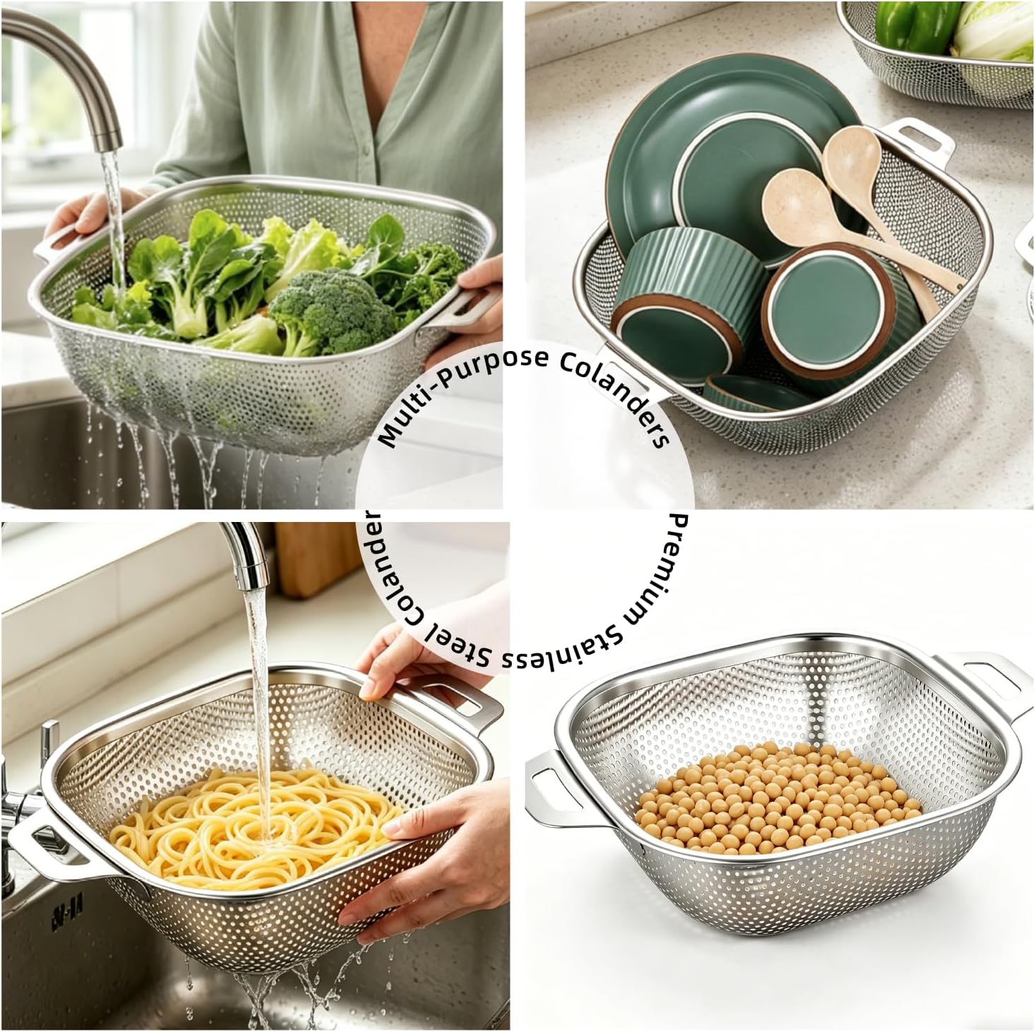 6QT 3-Piece Square Stainless Steel Colander Set w/Handle, Microporous High Foot Strainer for Spaghetti & Veggies Draining, Dishwasher Safe, Gift Box Packed Kitchen Draining Tool (6QT+4QT+2.4QT)