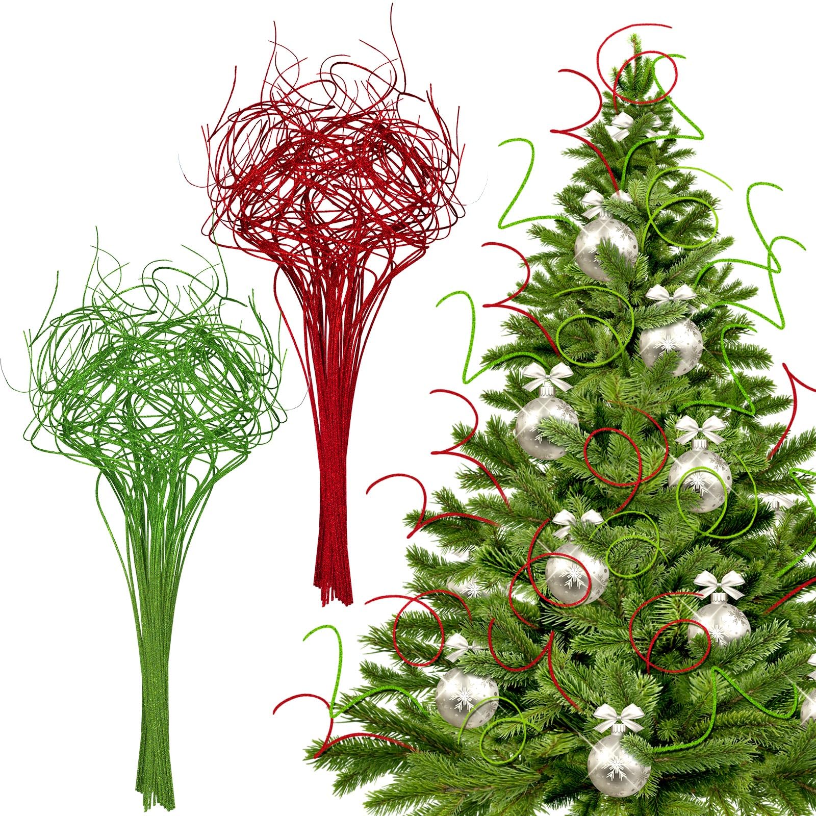 Ramas rizadas de Navidad con purpurina verde roja 60 tallos para rellenar jarrones boda