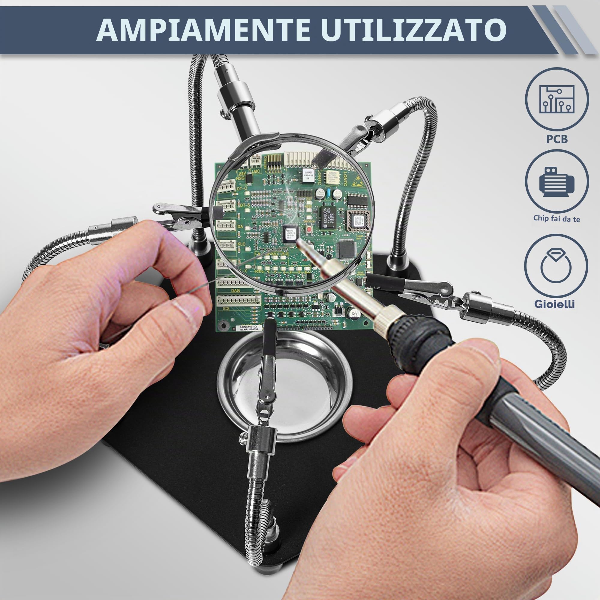 Stazione Saldatura con 3X Lente Ingrandimento Bracci Flessibili Clip, Terza Mano per Saldatura Elettronica