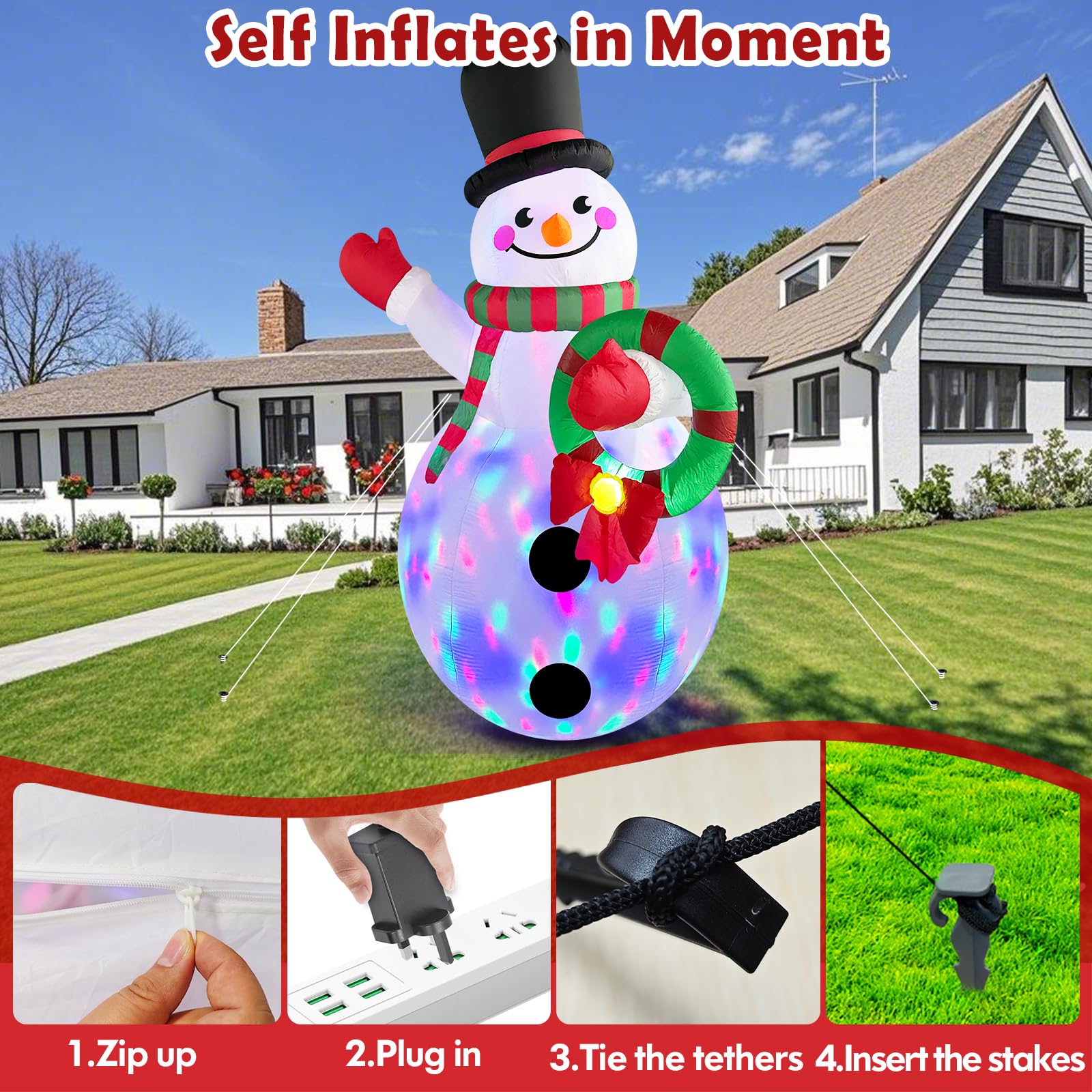 Danxilu Grand bonhomme de neige gonflable de 3,7 m avec guirlande, bonhomme de neige géant gonflable, lumières LED rotatives intégrées pour Noël, extérieur, jardin, cour, fête de vacances