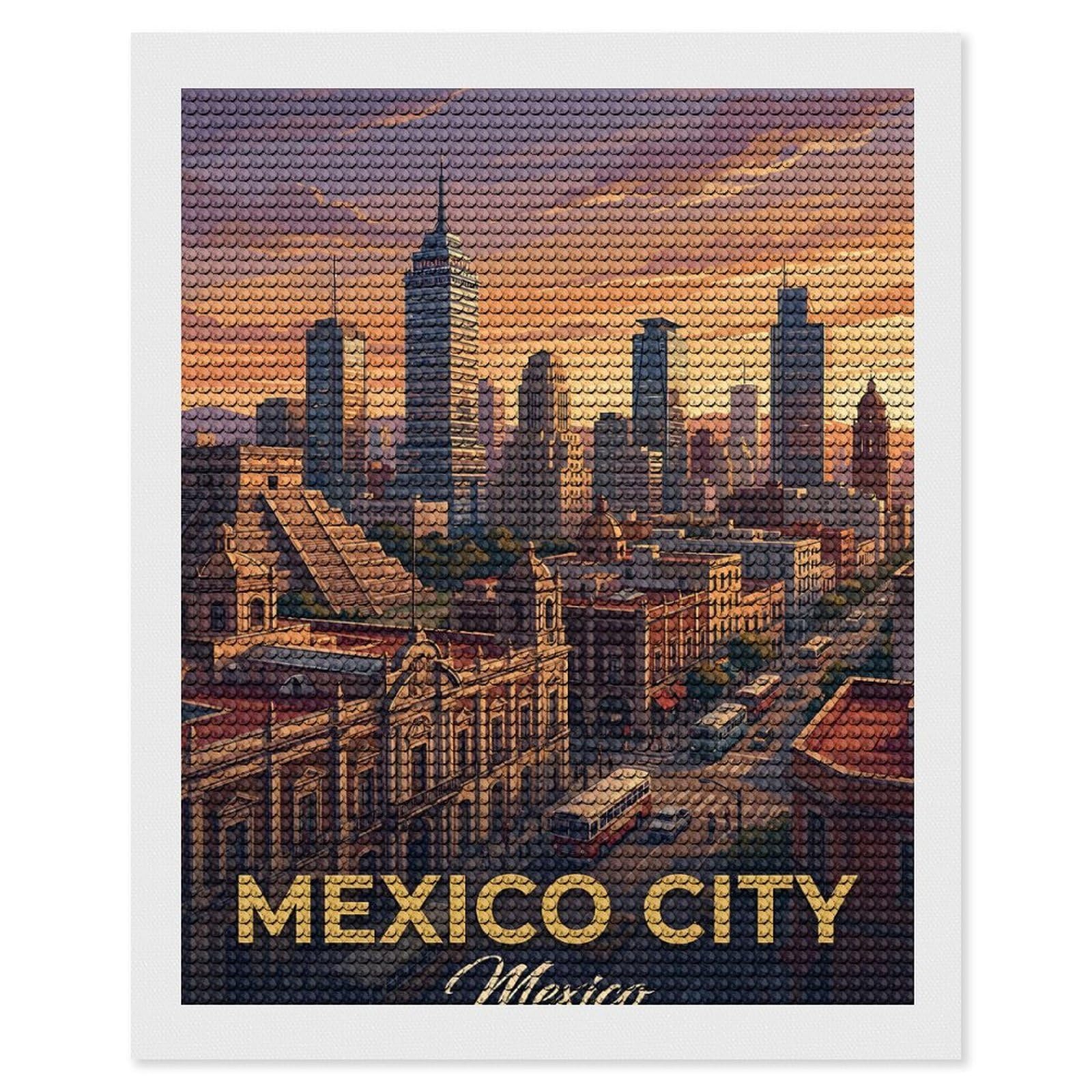 Junmoney Mexico City Skyline at Sunset Round Drill Diamond Painting 16"x20", for Craft Lovers, Stress Relief Craft, Bedroom Decor, Festive Craft Gift