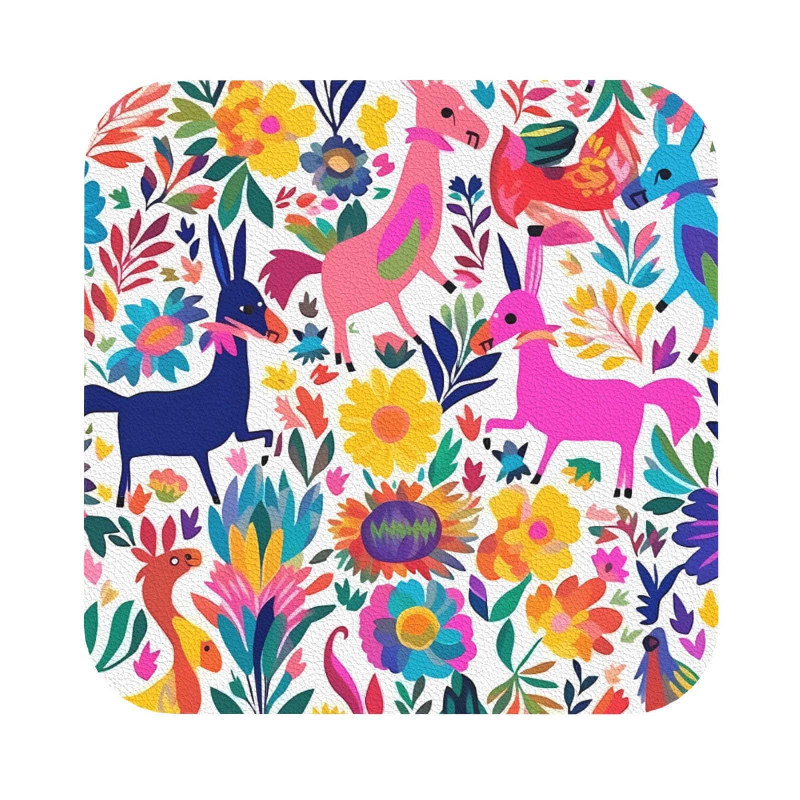 Fodpand Square Mexican Otomi Animals Drink Coasters Set Of 4, Heat Resistant Leather Coasters Fuuny Bar Beer Beverage Coaster For Drinks, Absorbent Cup Mat For Tabletop Protection, Housewarming Gift