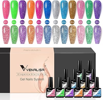 VENALISA Reflective Glitter Gel Nail Polish Set, 12 Colors 7.5ML All Seasons Holiday Sparkle Shiny Neon Disco Gel Polish Soak Off Gel Nail Kit Glitter Nail Art Starter Kit Beauty Gifts Set for Women G