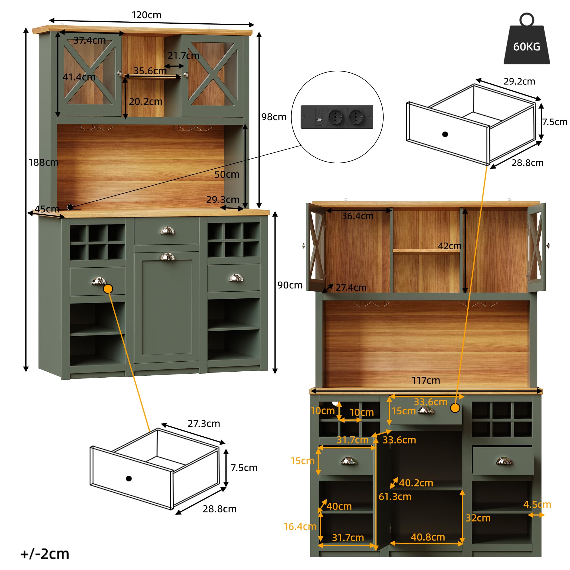 Armadietto da cucina alto (120 x 45 x 188 cm) con ante in vetro, credenza con scaffale per vino, ripiani regolabili, verde, verde antico