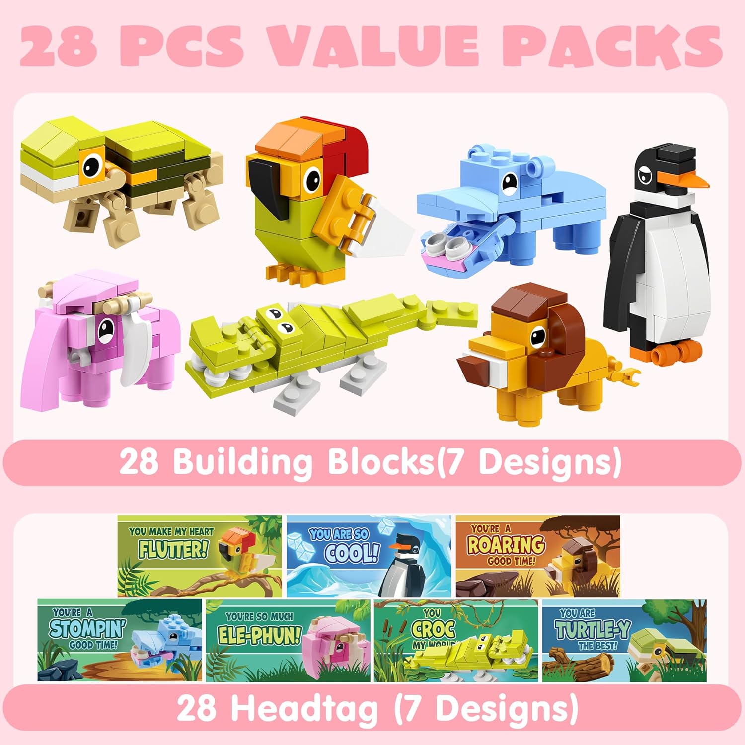JOYIN 28 Packs Valentines Day Gift Cards with Animal Building Blocks for Valentine's Classroom Exchange Toy, Party Favor, Kids Classroom School Prize