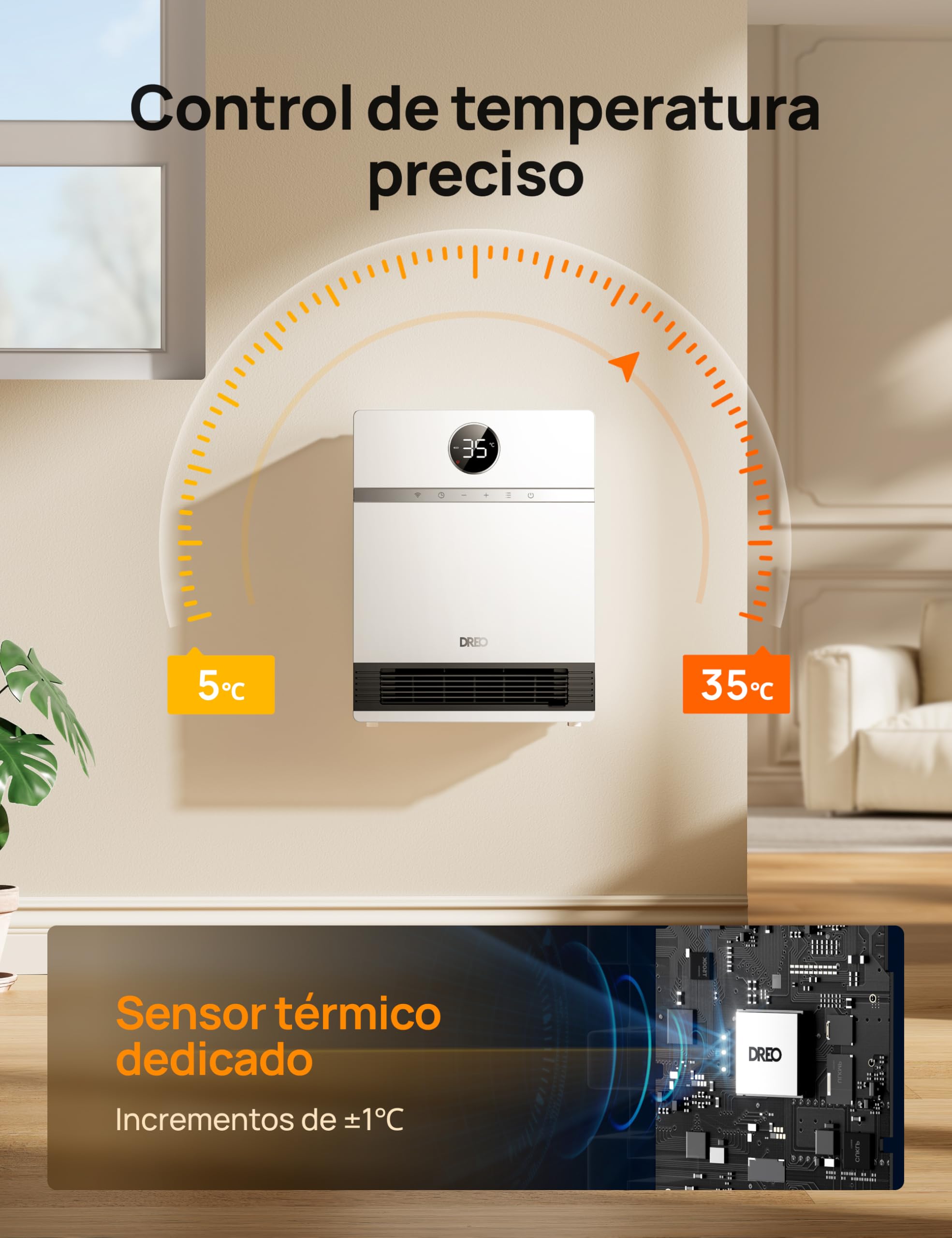 Dreo Inteligente Calefactor Bajo Consumo, Oscilación de 30°, 2000W Termoventilador Electrico, Calefactor Baño Pared, Termostato Ajustable, Control Remoto, 24H Temporizador, Instalación Sencilla, Alexa