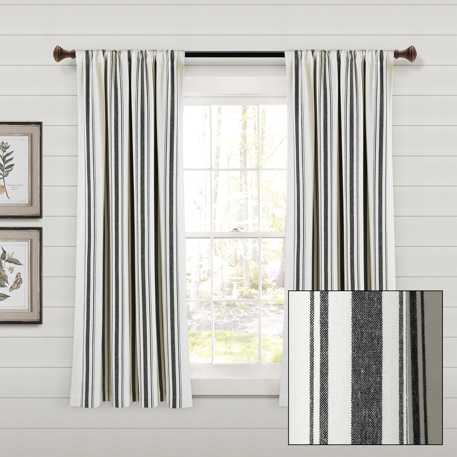 Lush Decor Farmhouse Stripe Yarn Dyed Eco-Friendly Recycled Cotton Window Curtain Panel Pair, 42" W x 63" L, Black - Classic Modern Rustic Charm - Eco Friendly Cotton Fabric
