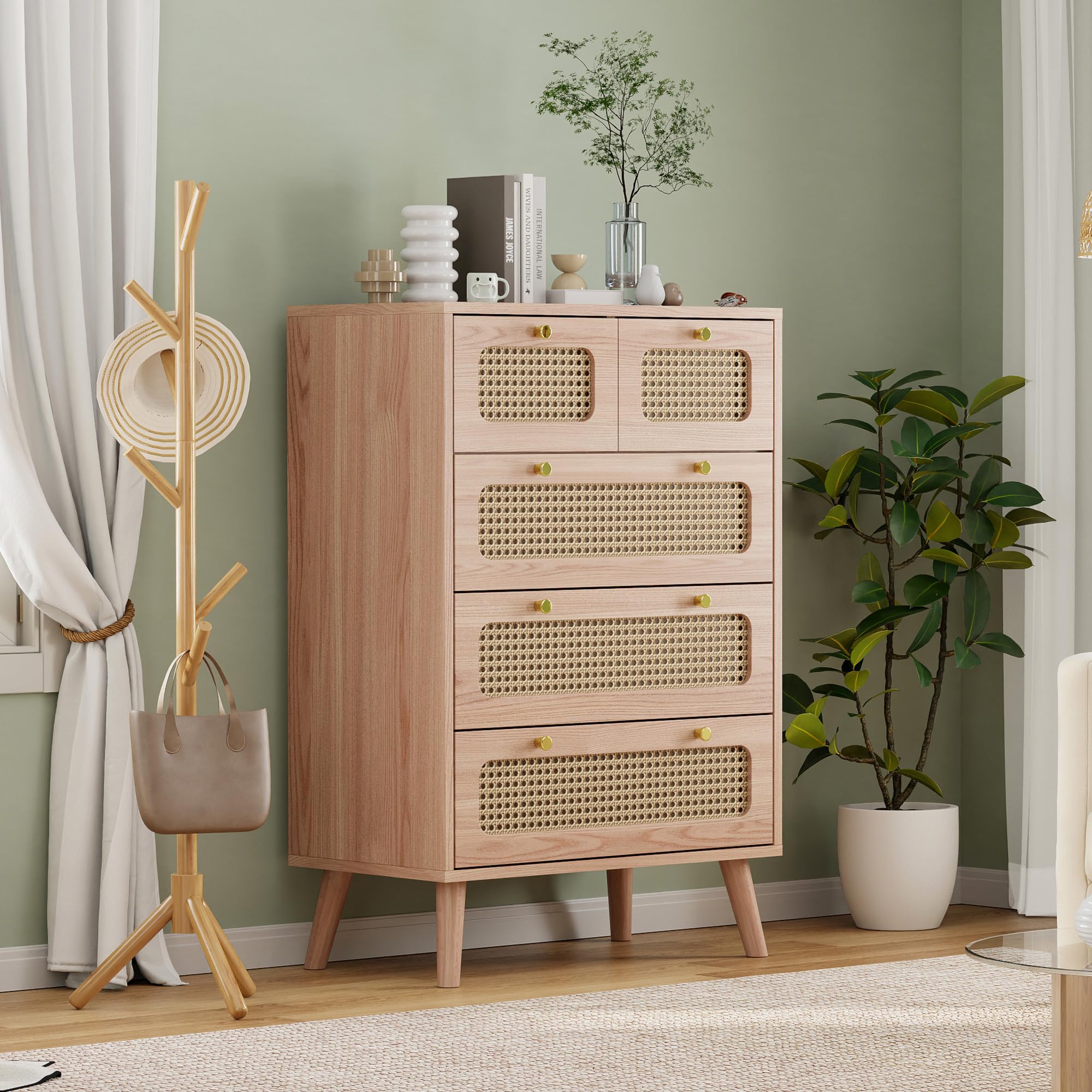 Komoda z 5 szufladami, rattanowa komoda w stylu boho, drewniana szafka obiadowa, komody, organizer z nogami, komody z metalowymi gałkami, do przedpokoju, salonu
