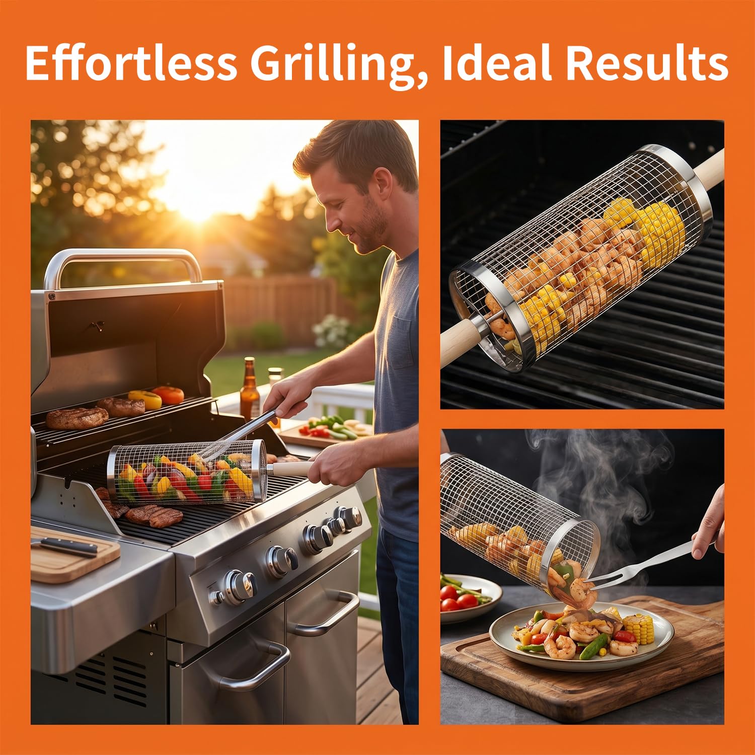 Rollbarer Grillkorb, Edelstahl-Grillkorb mit Holzgriff, tragbarer, drehbarer Grillkorb für Outdoor-Küche, Gemüse, Pommes frites, Fleischbällchen und Camping-Grillen