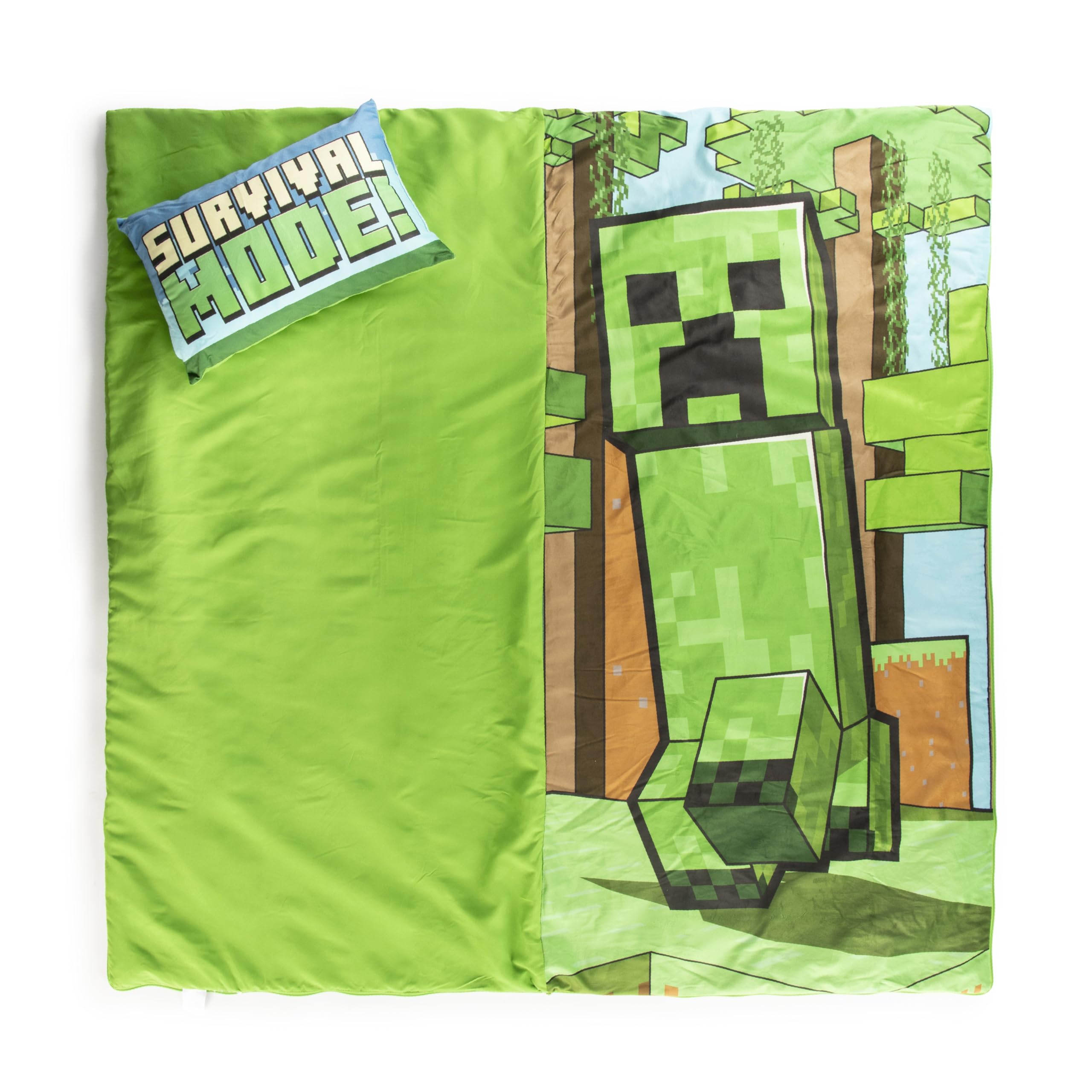 Set de 2 con Almohada y Manta de Creeper de Minecraft, Suave Saco de Dormir Infantil con Bolsa y Almohada, para Fiestas de Pijamas, Viajes y acampadas