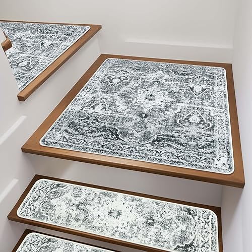 Miniatura 66 de OJIA Alfombra antideslizante a juego para peldaños de madera, parte trasera de goma cuadrada antideslizante, alfombra de aterrizaje para escaleras