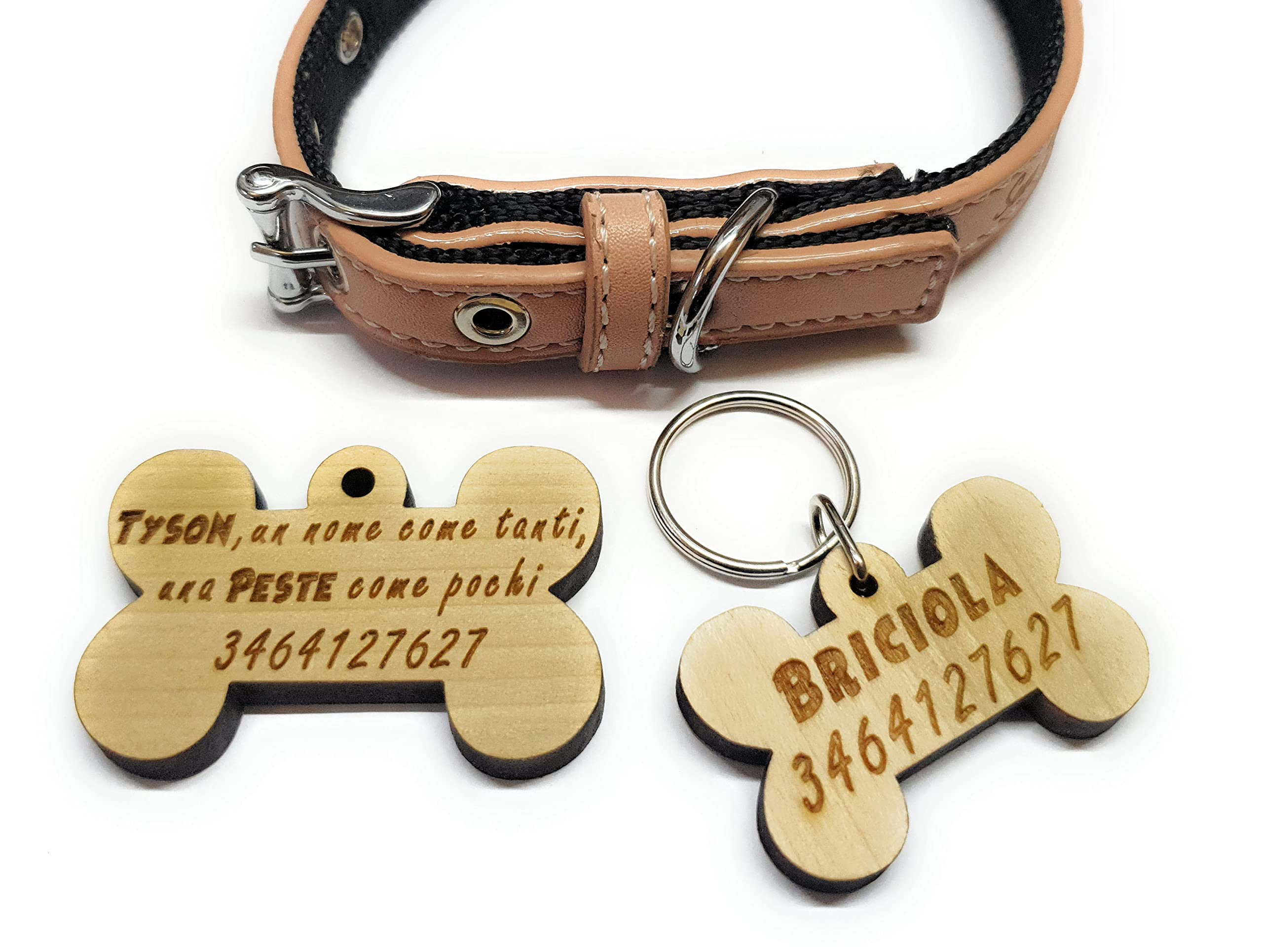 Medaglietta targhetta per cani a forma di osso in legno - personalizzala come vuoi - 2 formati