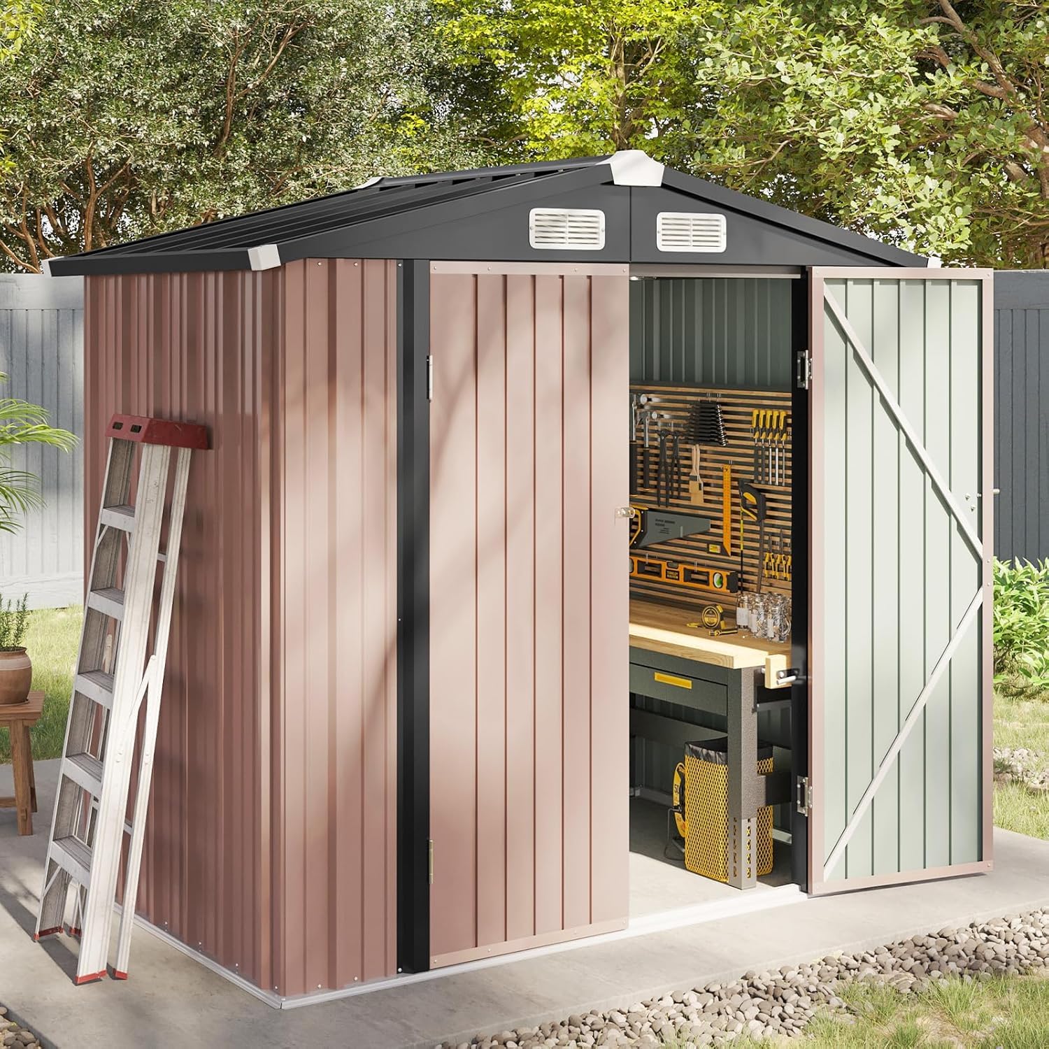 Aoxun Garden Sheds 6x4ft, Metal Shed Bike Tool Shed, Sheds and Outdoor Storage with Lockable Doors & Slooping for Backyard, Patio, Poolside,Brown