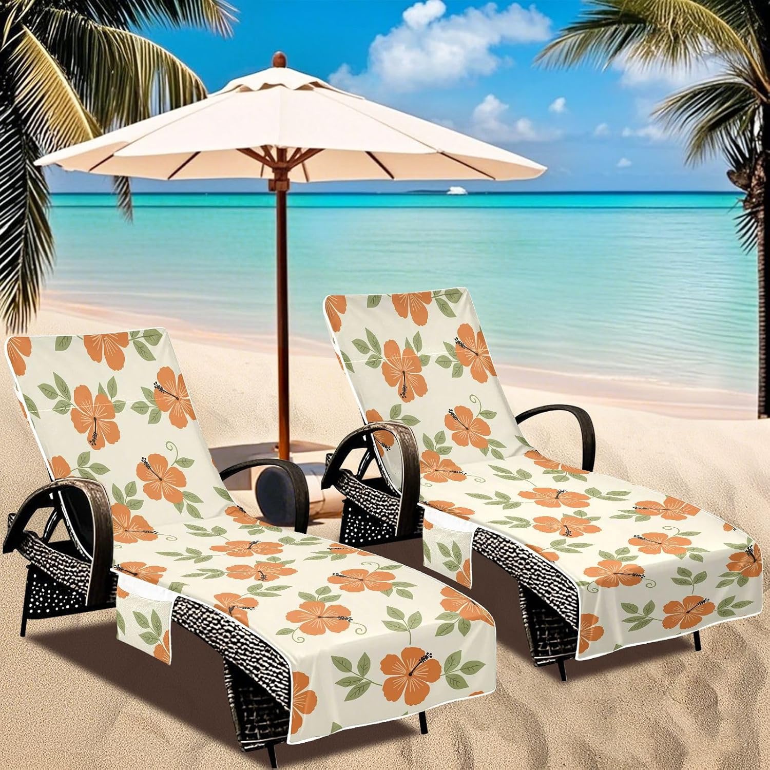 Spring Flowers Lounge Chair Towel Cover with Side Pockets – 85x30in Foldable Chaise Cover for Beach, Pool, Patio, Spa