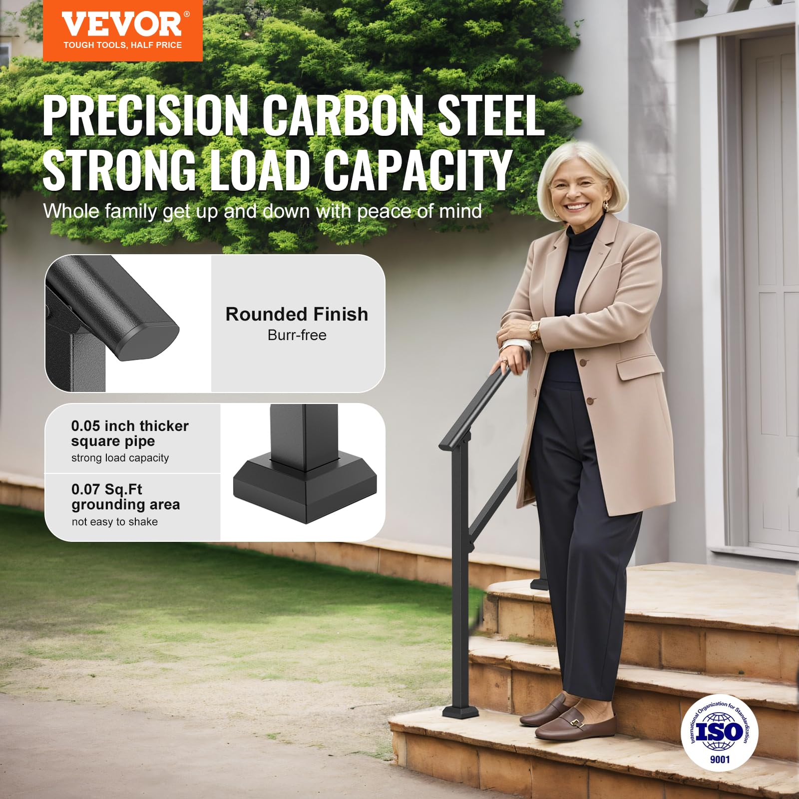 VEVOR Barandilla de Escalera para Pasamanos de Escalera de 2-3 Escalones con Kit de Instalación Tubo Cuadrado de Acero al Carbono para Personas Mayores, Escalones de Concreto, Porche, Patio, Negro