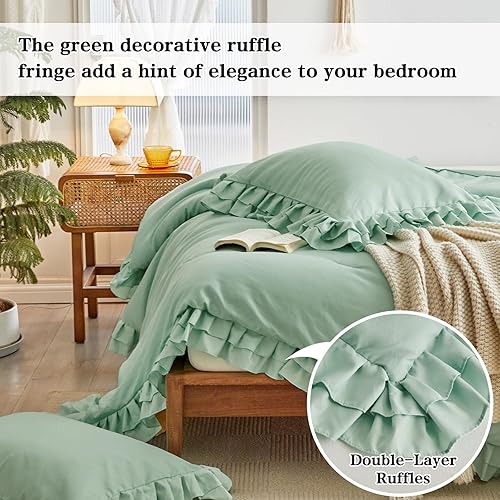 Miniatura 4 de Juego de edredón verde con volantes tamaño Twin, 3 piezas (1 edredón con volantes y 2 fundas de almohada) estilo Farmhouse Shabby Chic con 2 capas